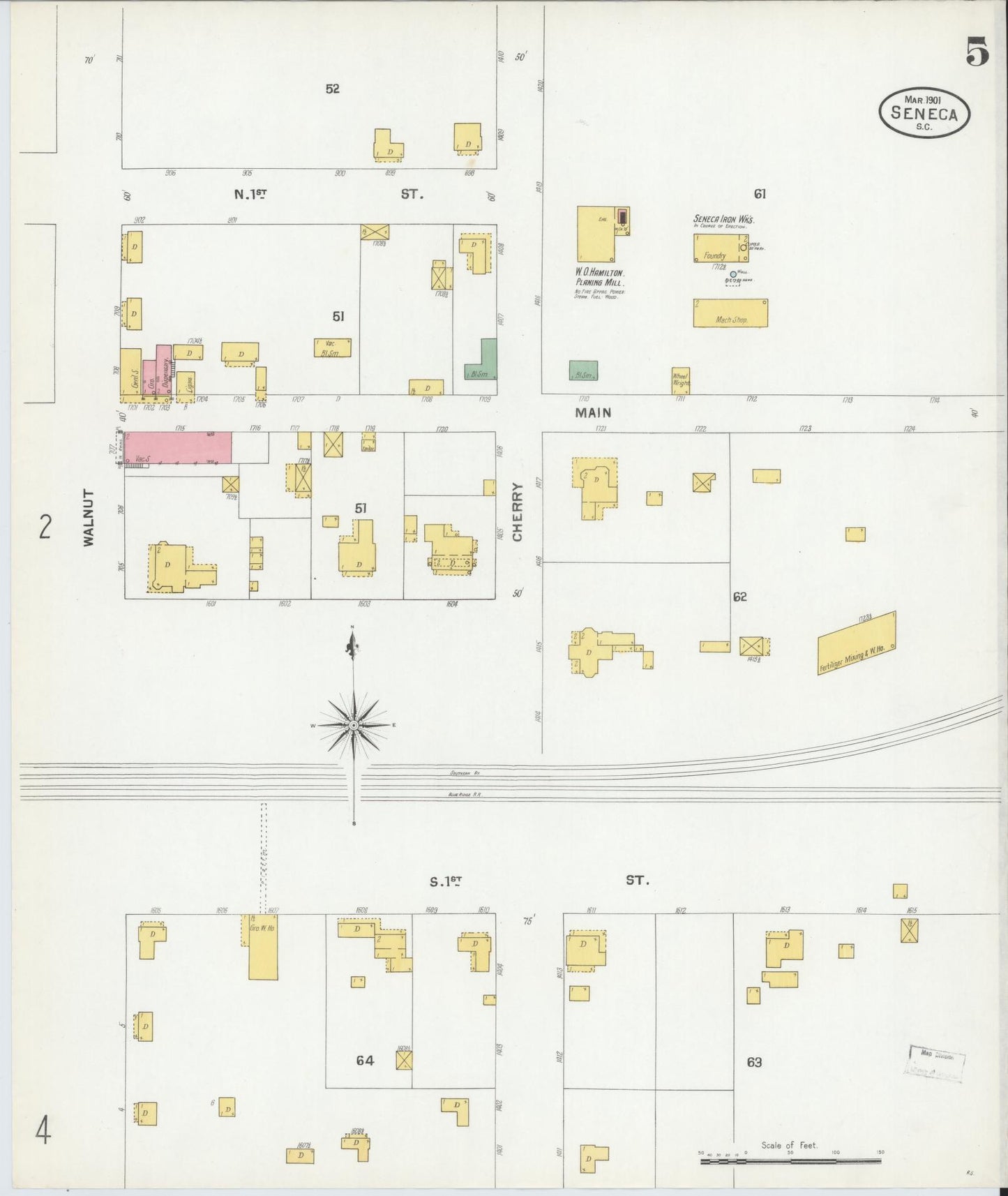 Sanborn Fire Insurance Map from Seneca, Oconee County, South Carolina (1901), Sheet #0005 - Complete Map Set gallery image, historic Sanborn map, vintage wall art, South Carolina South Carolina