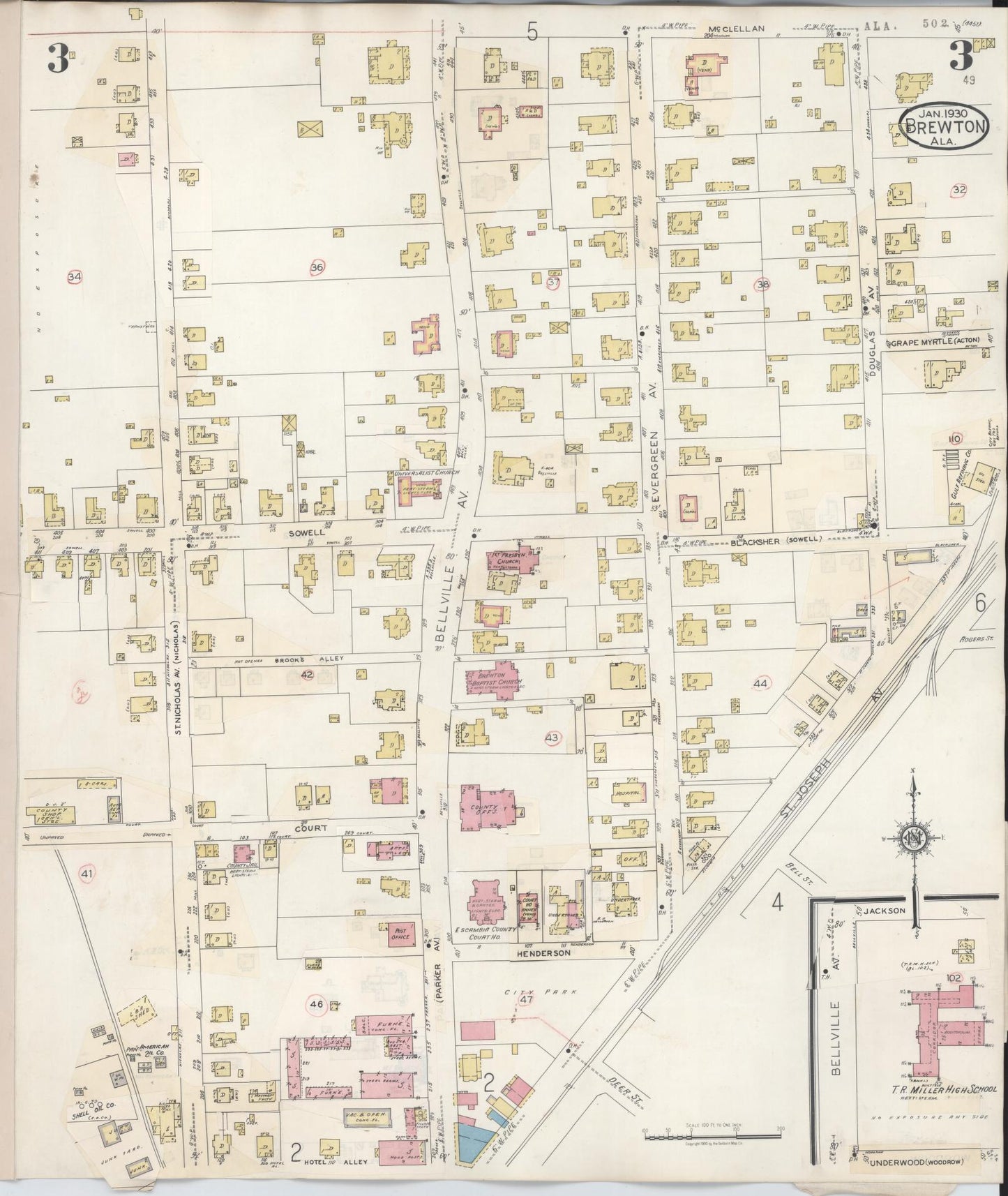 Sanborn Fire Insurance Map from Brewton, Escambia County, Alabama (1949), Sheet #0003 - Historic Sanborn Fire Insurance Map Print, vintage old map wall art, antique decor, genealogy gift, Alabama Alabama map
