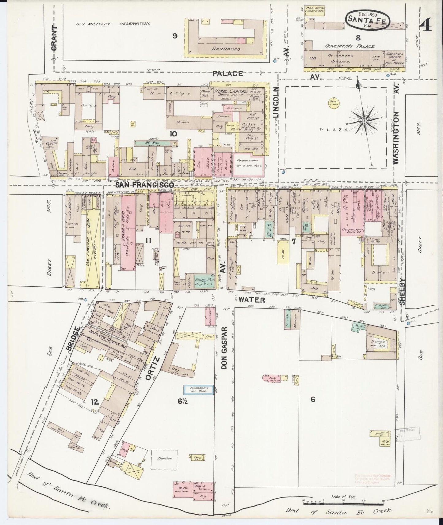 Sanborn Fire Insurance Map from Santa Fe, Santa Fe County, New Mexico (1890), Sheet #0004 - Historic Sanborn Fire Insurance Map Print, vintage old map wall art, antique decor, genealogy gift, New Mexico New Mexico map