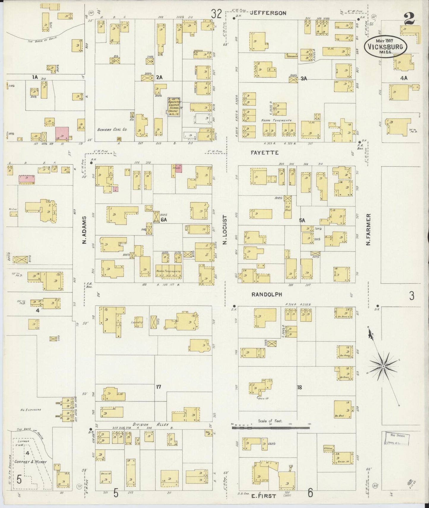 Sanborn Fire Insurance Map from Vicksburg, Warren County, Mississippi (1907), Sheet #0002 - Historic Sanborn Fire Insurance Map Print, vintage old map wall art, antique decor, genealogy gift, Mississippi Mississippi map