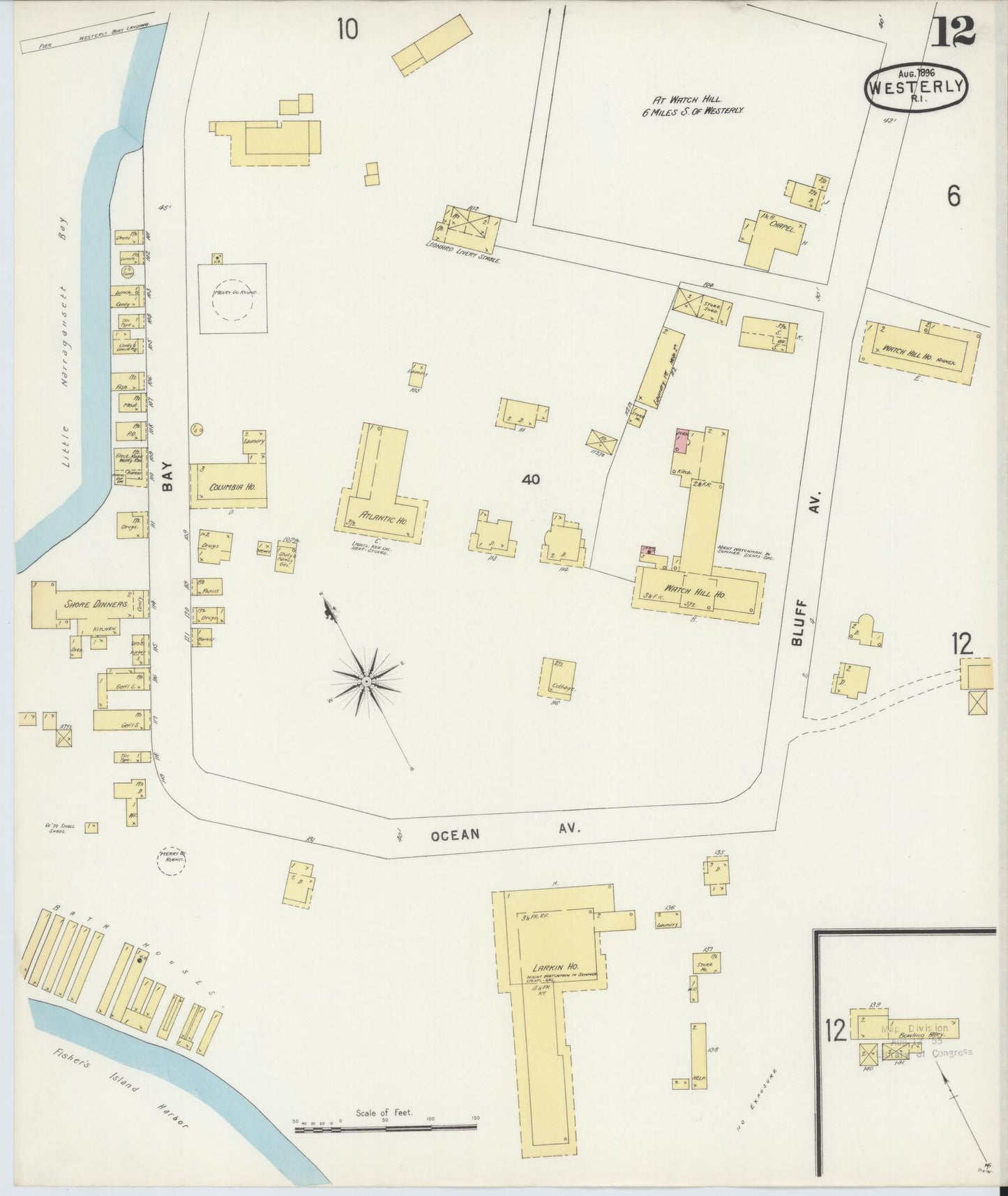 Sanborn Fire Insurance Map from Westerly, Washington County, Rhode Island (1896), Sheet #0012 - Historic Sanborn Fire Insurance Map Print, vintage old map wall art, antique decor, genealogy gift, Rhode Island Rhode Island map