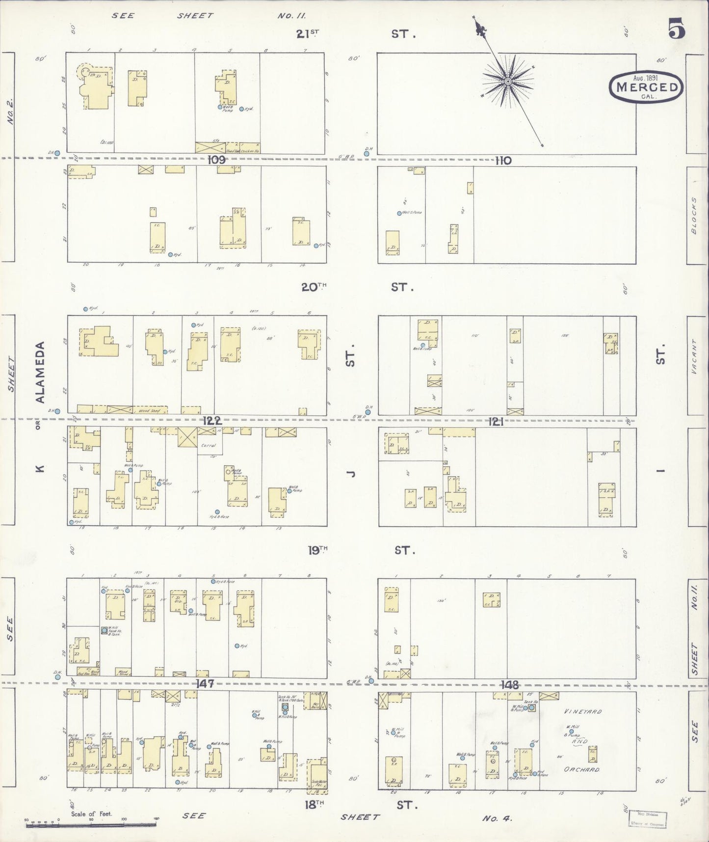 Sanborn Fire Insurance Map from Merced, Merced County, California (1891), Sheet #0005 - Historic Sanborn Fire Insurance Map Print, vintage old map wall art, antique decor, genealogy gift, California California map