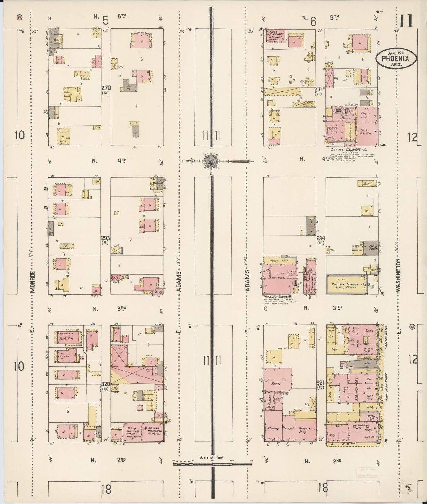 Sanborn Fire Insurance Map from Phoenix, Maricopa County, Arizona (1911), Sheet #0011 - Historic Sanborn Fire Insurance Map Print, vintage old map wall art, antique decor, genealogy gift, Arizona Arizona map
