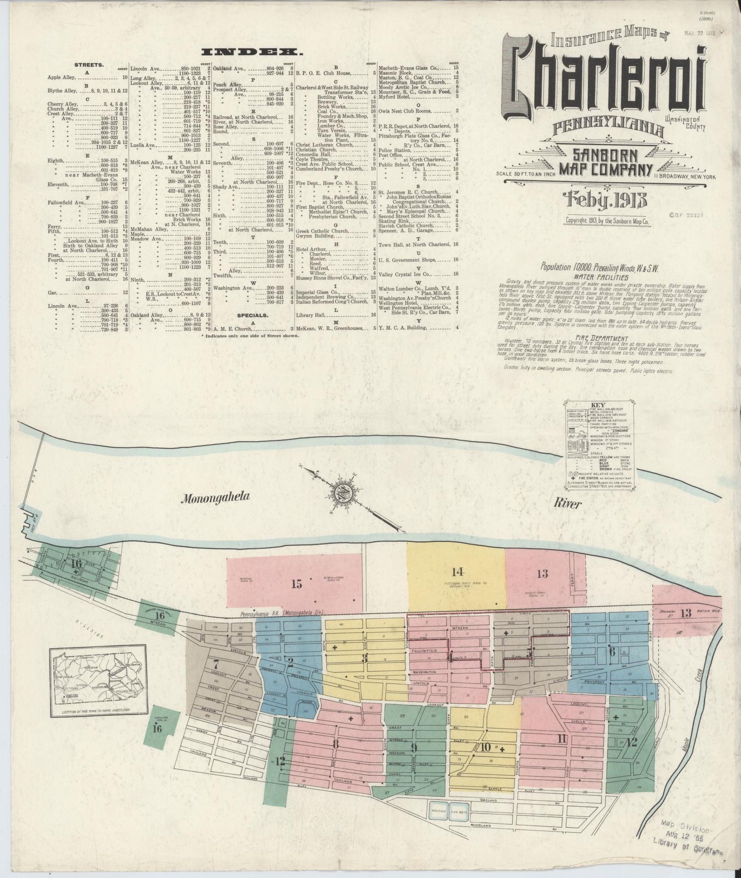 Sanborn Fire Insurance Map from Charleroi, Washington County, Pennsylvania (1913), Sheet #0001 - Historic Sanborn Fire Insurance Map Print, vintage old map wall art, antique decor, genealogy gift, Pennsylvania Pennsylvania map