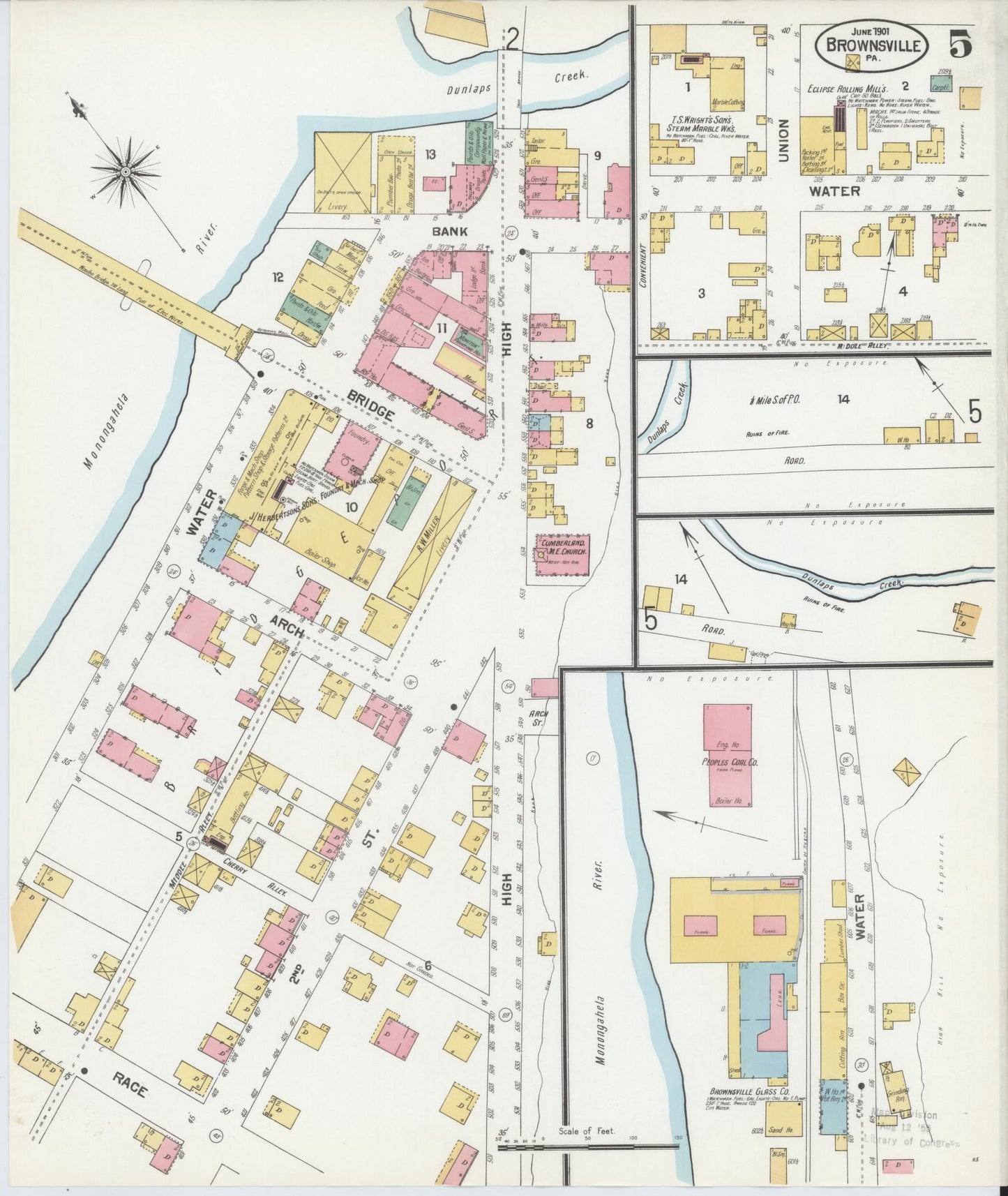 Sanborn Fire Insurance Map from Brownsville, Fayette County, Pennsylvania (1901), Sheet #0005 - Historic Sanborn Fire Insurance Map Print, vintage old map wall art, antique decor, genealogy gift, Pennsylvania Pennsylvania map