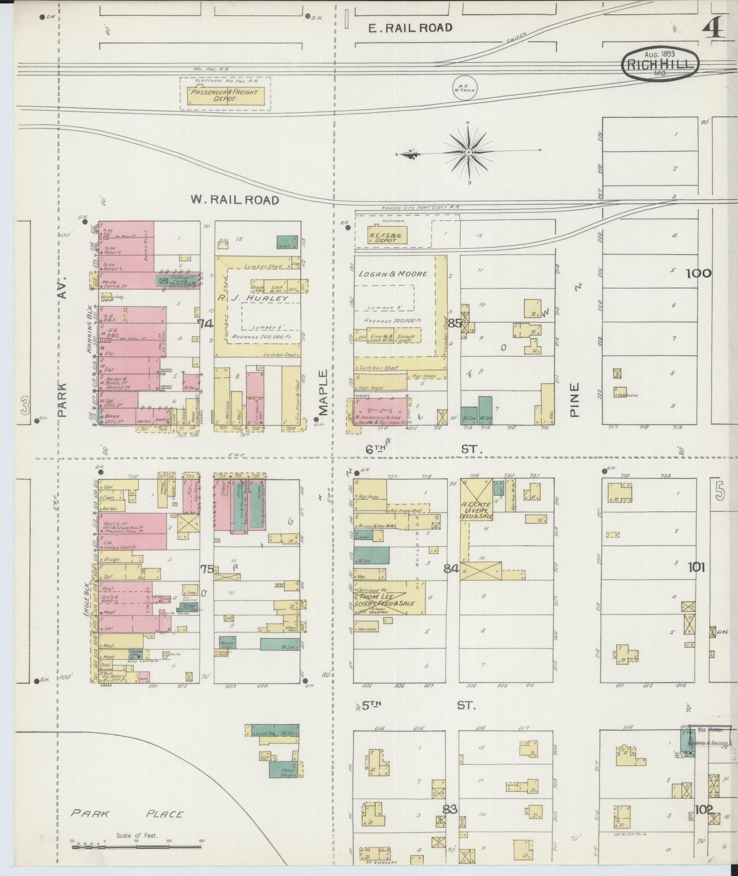 Sanborn Fire Insurance Map from Rich Hill, Bates County, Missouri (1893), Sheet #0004 - Historic Sanborn Fire Insurance Map Print, vintage old map wall art, antique decor, genealogy gift, Missouri Missouri map