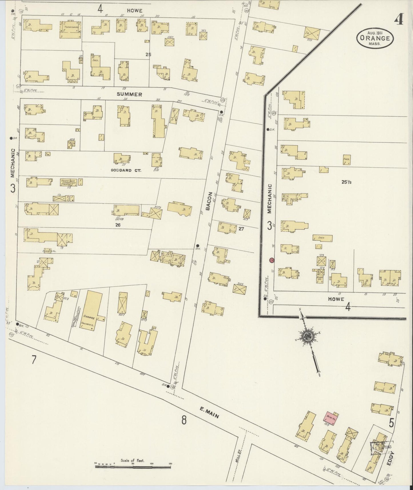 Sanborn Fire Insurance Map from Orange, Franklin County, Massachusetts (1911), Sheet #0004 - Historic Sanborn Fire Insurance Map Print, vintage old map wall art, antique decor, genealogy gift, Massachusetts Massachusetts map