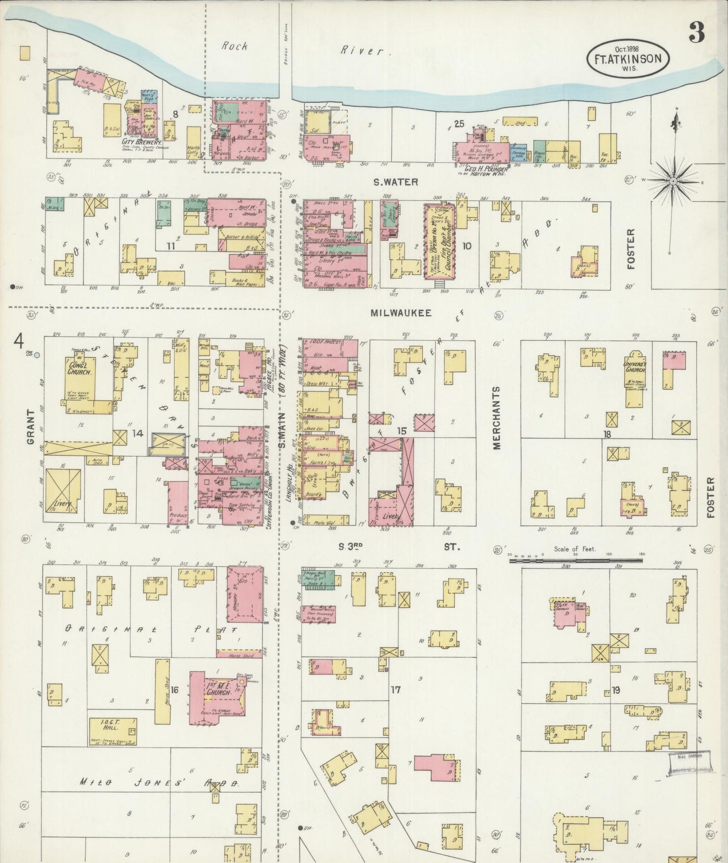 Sanborn Fire Insurance Map from Fort Atkinson, Jefferson County, Wisconsin (1898), Sheet #0003 - Historic Sanborn Fire Insurance Map Print, vintage old map wall art, antique decor, genealogy gift, Wisconsin Wisconsin map