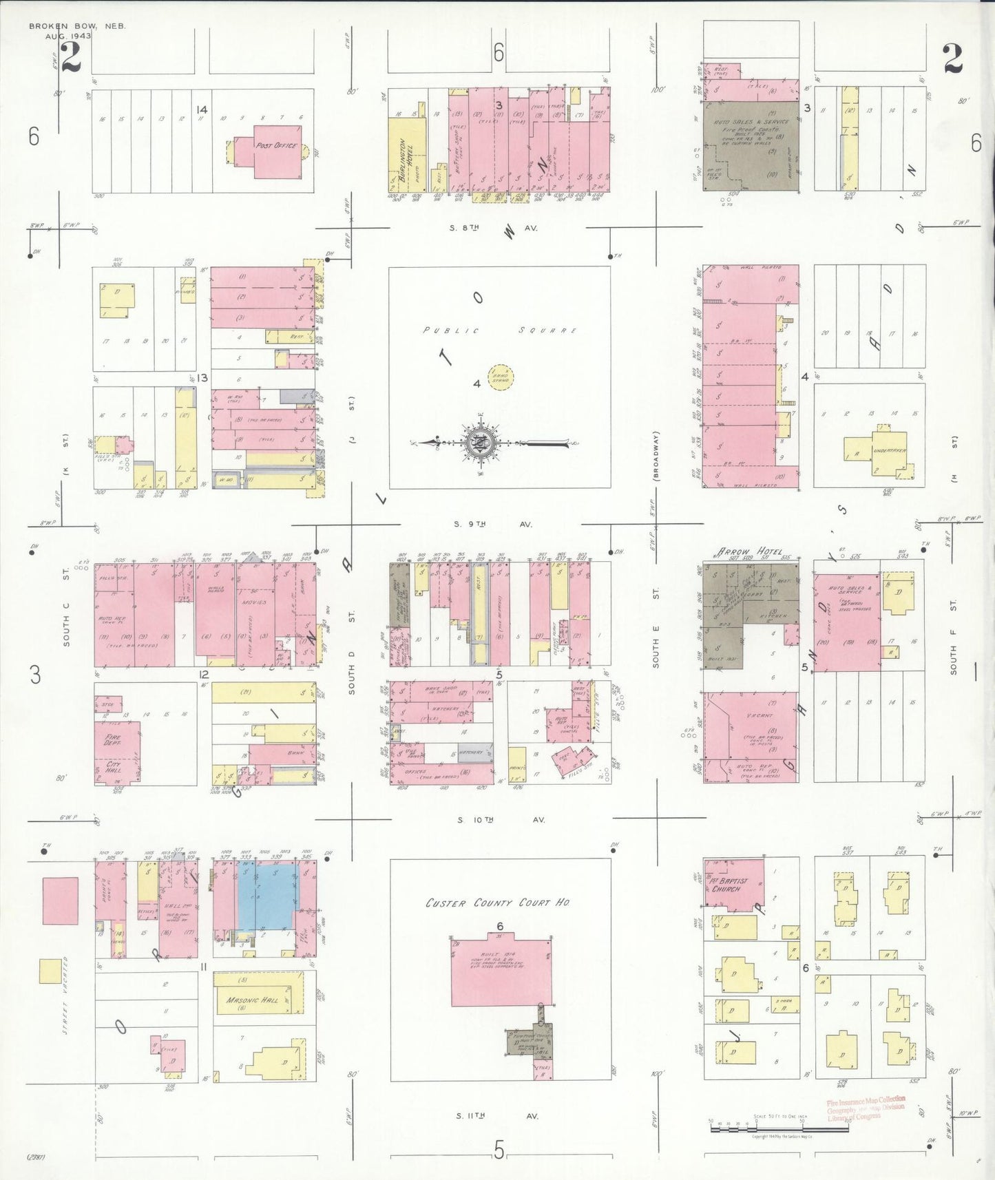 Sanborn Fire Insurance Map from Broken Bow, Custer County, Nebraska (1943), Sheet #0002 - Historic Sanborn Fire Insurance Map Print, vintage old map wall art, antique decor, genealogy gift, Nebraska Nebraska map