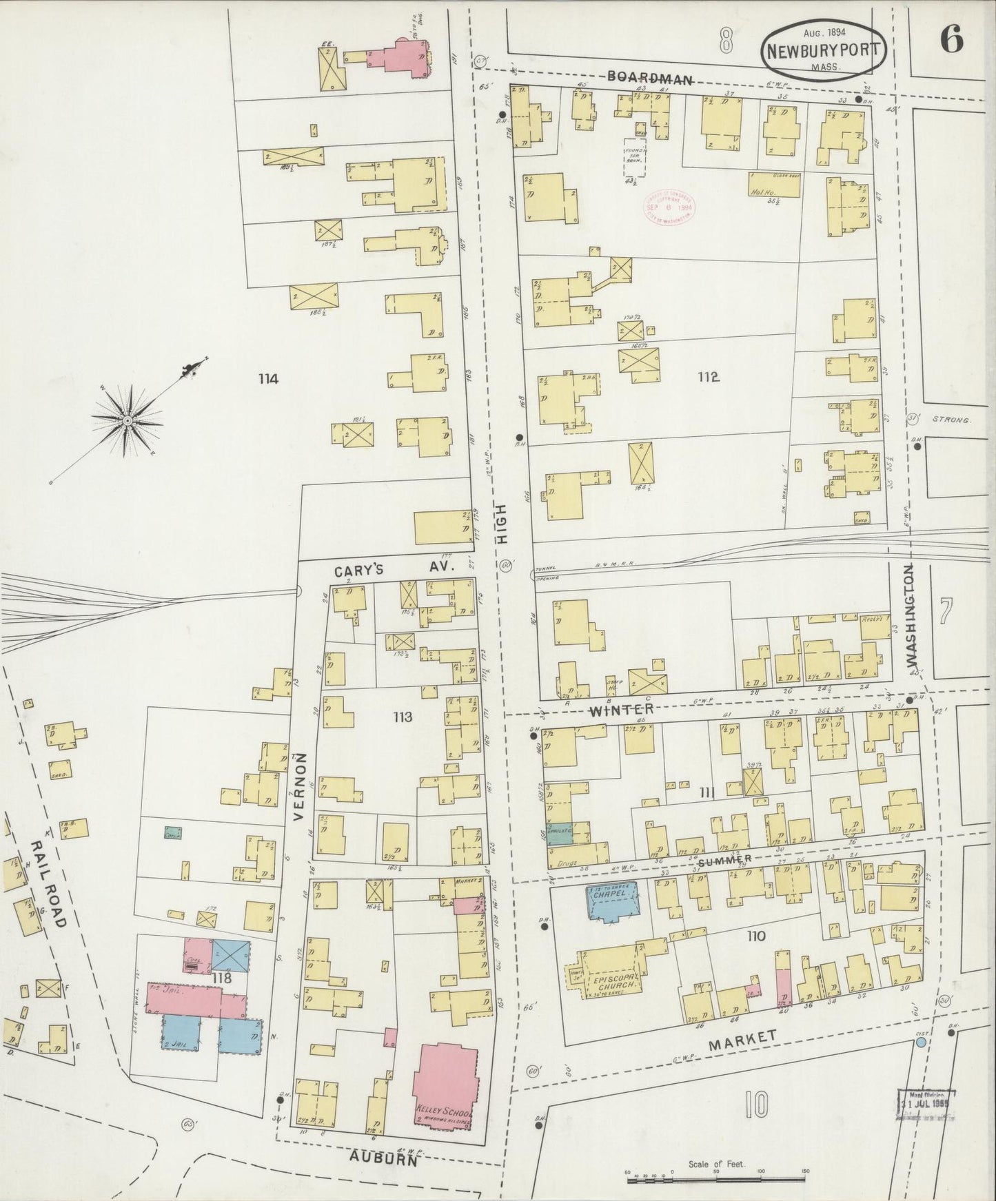 Sanborn Fire Insurance Map from Newburyport, Essex County, Massachusetts (1894), Sheet #0006 - Historic Sanborn Fire Insurance Map Print, vintage old map wall art, antique decor, genealogy gift, Massachusetts Massachusetts map