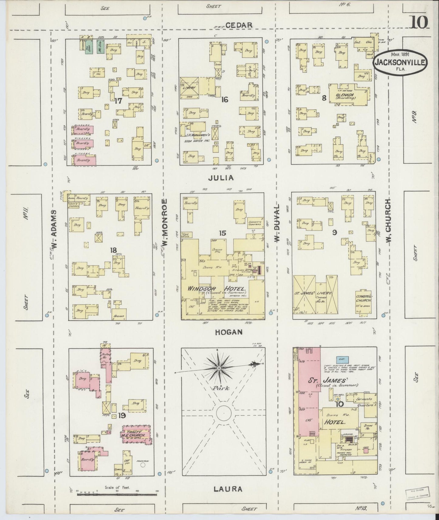Sanborn Fire Insurance Map from Jacksonville, Duval County, Florida (1891), Sheet #0010 - Historic Sanborn Fire Insurance Map Print, vintage old map wall art, antique decor, genealogy gift, Florida Florida map