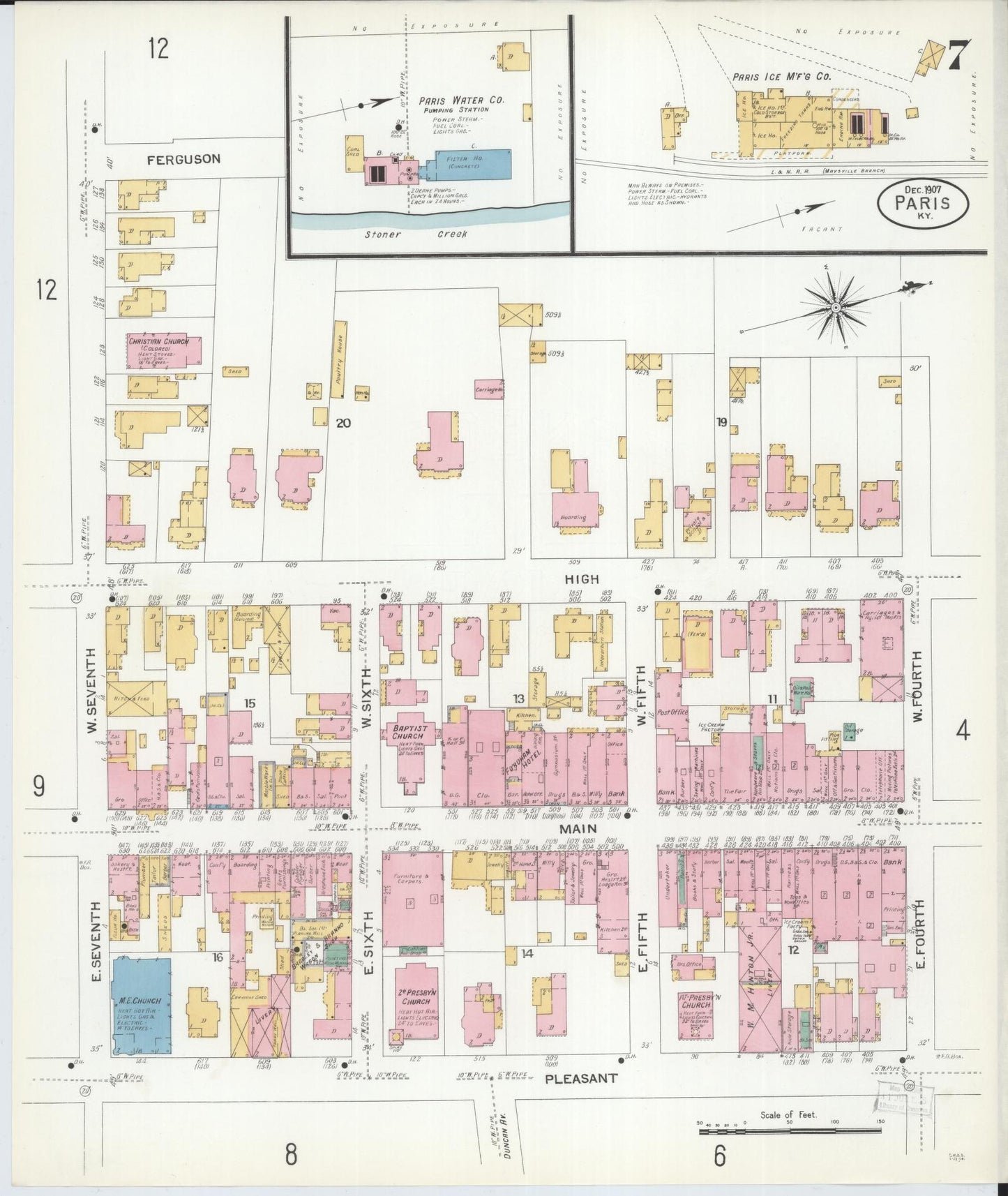 Sanborn Fire Insurance Map from Paris, Bourbon County, Kentucky (1907), Sheet #0007 - Historic Sanborn Fire Insurance Map Print, vintage old map wall art, antique decor, genealogy gift, Kentucky Kentucky map
