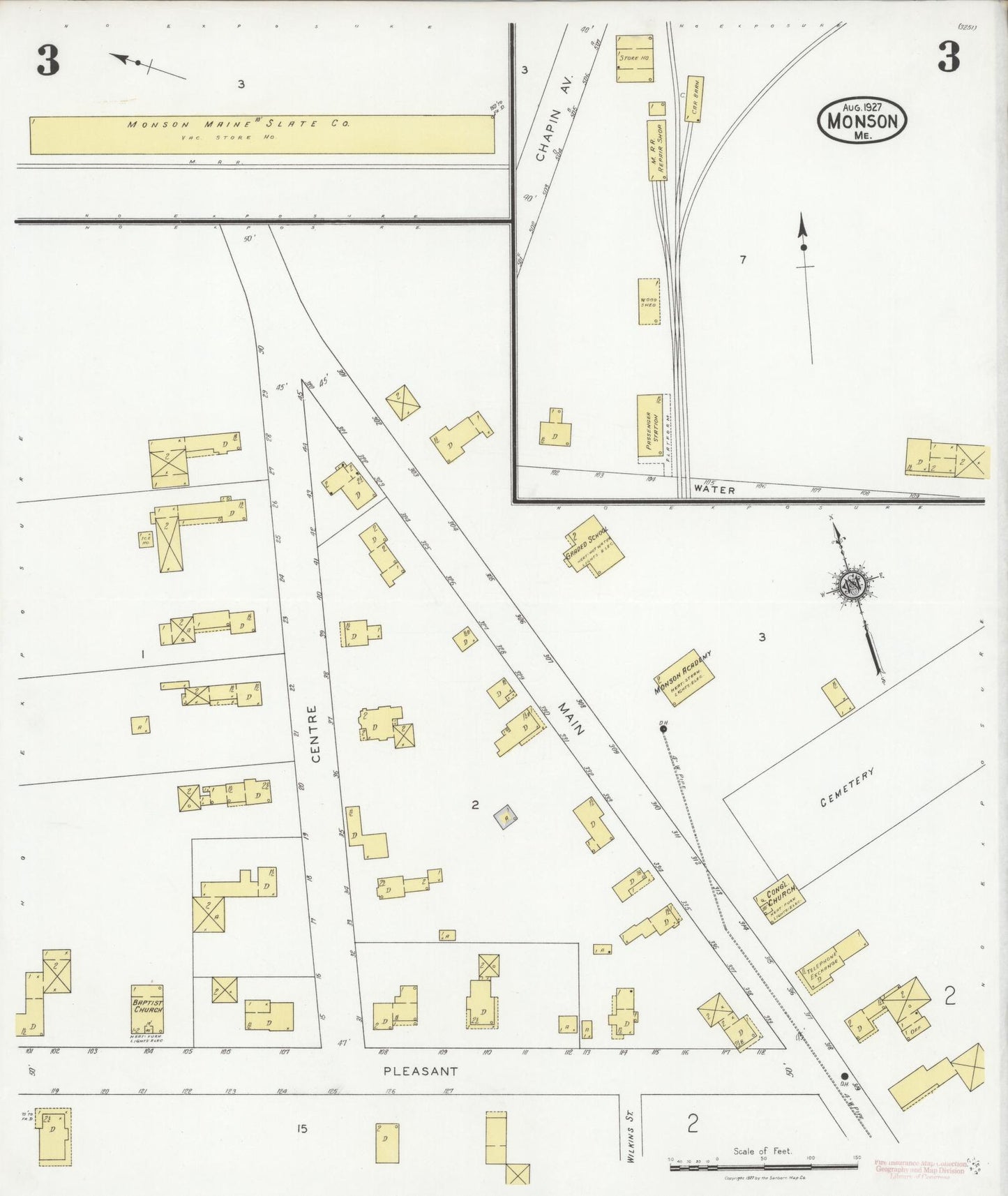 Sanborn Fire Insurance Map from Monson, Piscataquis County, Maine (1927), Sheet #0003 - Historic Sanborn Fire Insurance Map Print, vintage old map wall art, antique decor, genealogy gift, Maine Maine map
