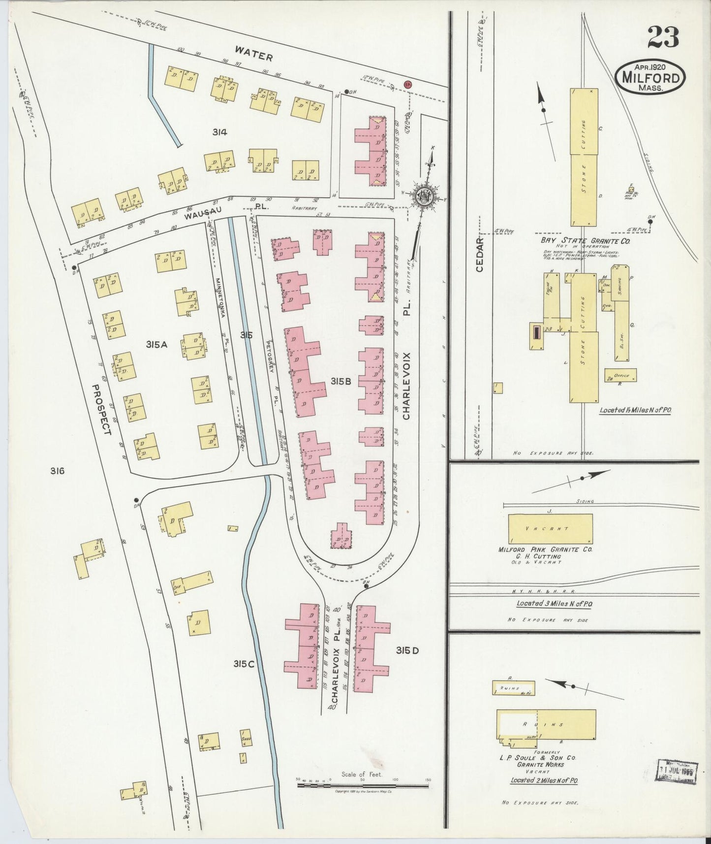 Sanborn Fire Insurance Map from Milford, Worcester County, Massachusetts (1920), Sheet #0023 - Historic Sanborn Fire Insurance Map Print, vintage old map wall art, antique decor, genealogy gift, Massachusetts Massachusetts map