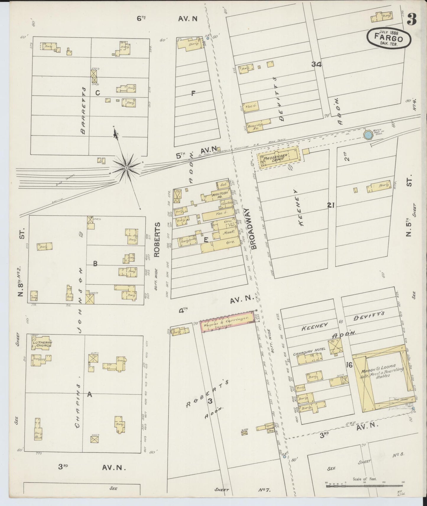 Sanborn Fire Insurance Map from Fargo, Cass County, North Dakota (1888), Sheet #0003 - Historic Sanborn Fire Insurance Map Print, vintage old map wall art, antique decor, genealogy gift, North Dakota North Dakota map