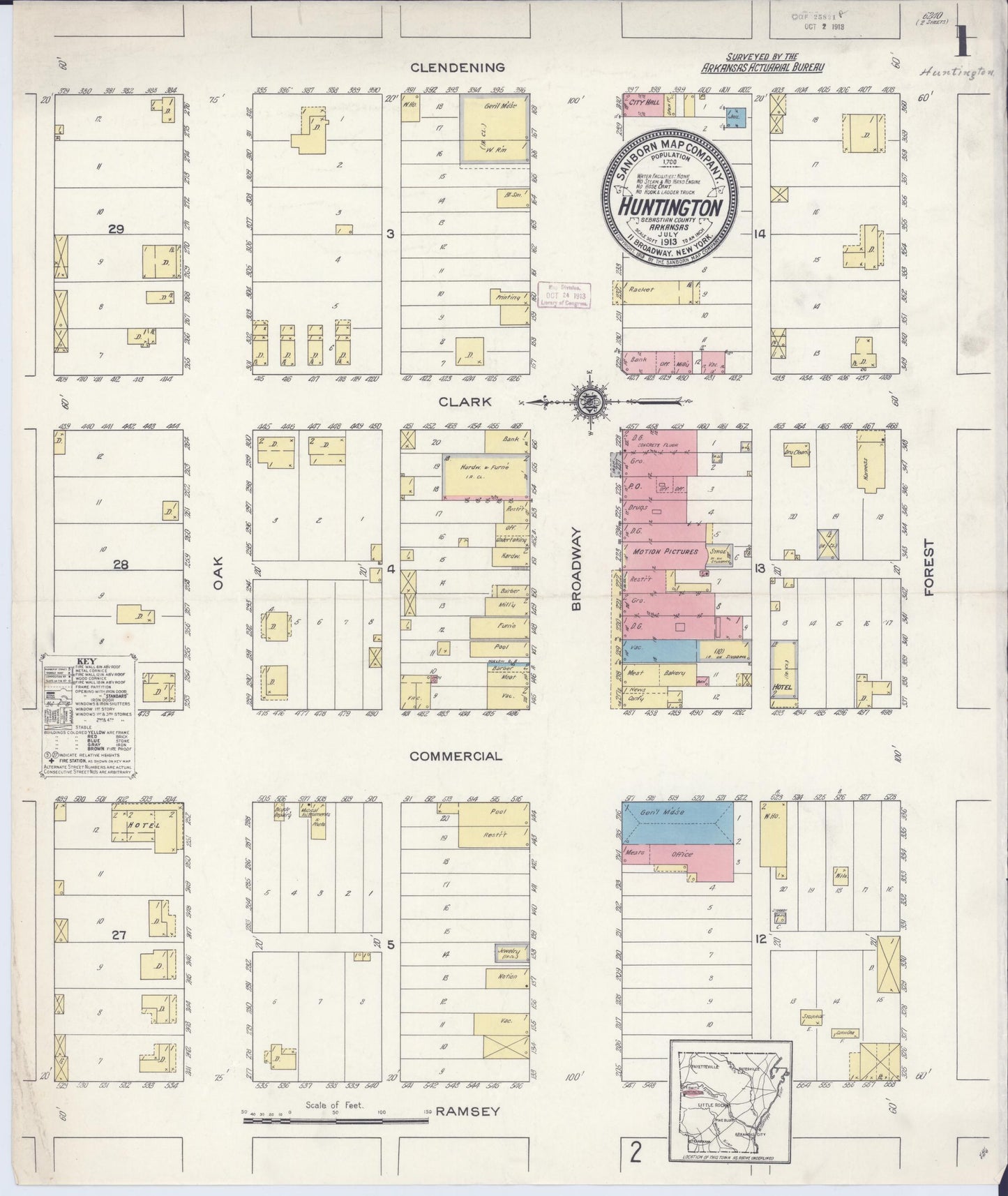 Sanborn Fire Insurance Map from Huntington, Sebastian County, Arkansas (1913), Sheet #0001 - Historic Sanborn Fire Insurance Map Print, vintage old map wall art, antique decor, genealogy gift, Arkansas Arkansas map