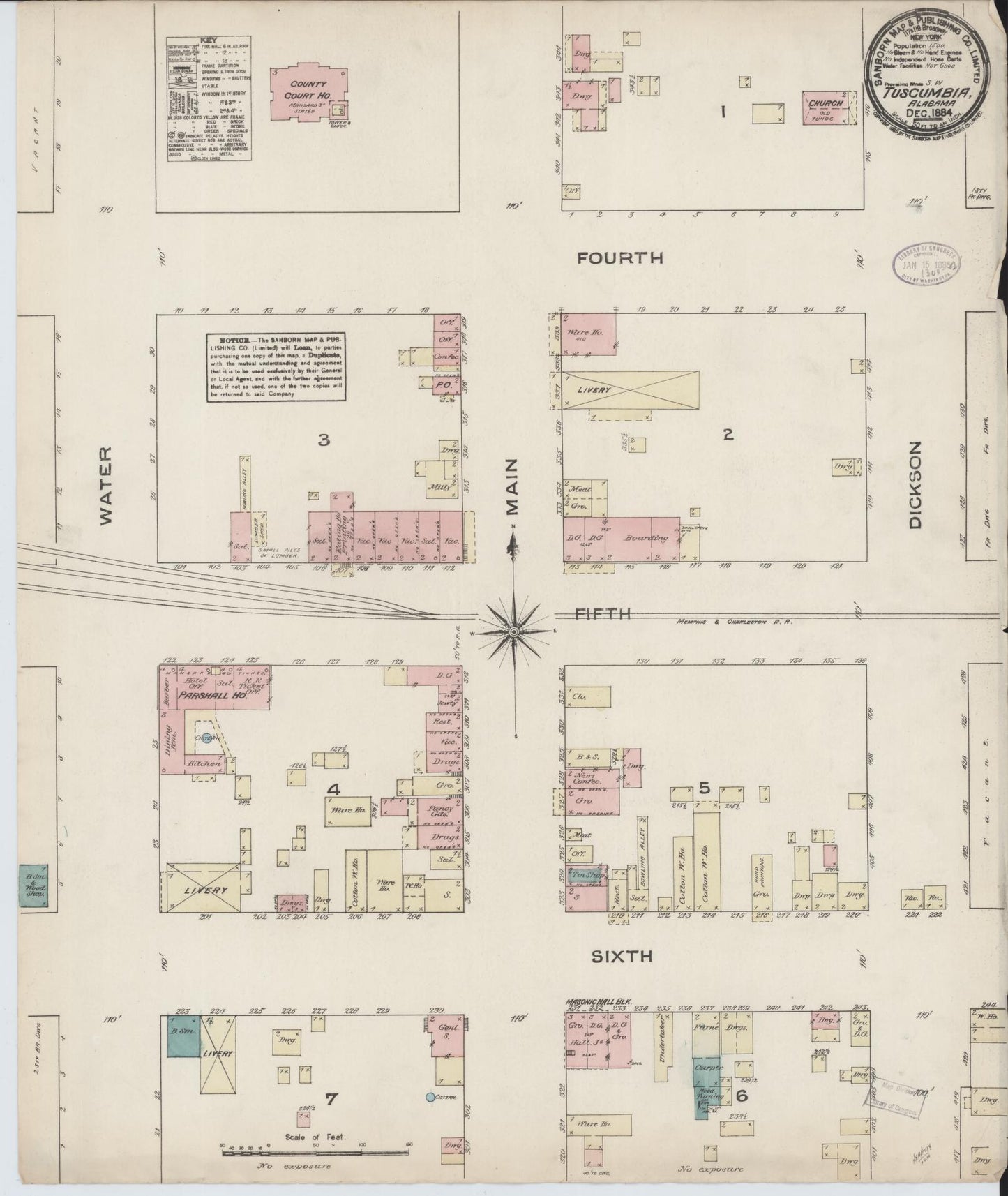 Sanborn Fire Insurance Map from Tuscumbia, Colbert County, Alabama (1884), Sheet #0001 - Historic Sanborn Fire Insurance Map Print, vintage old map wall art, antique decor, genealogy gift, Alabama Alabama map
