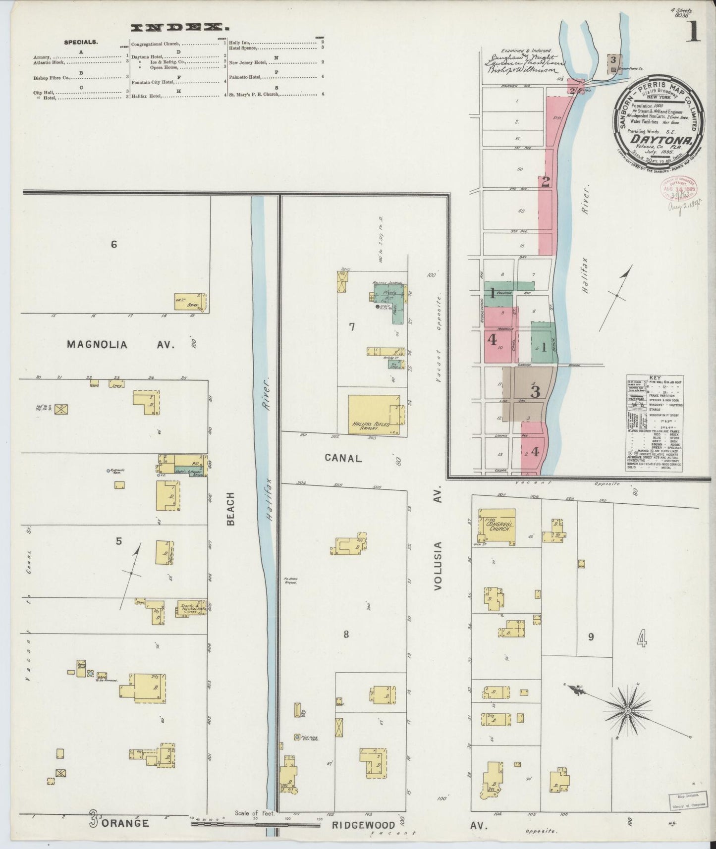 Sanborn Fire Insurance Map from Daytona, Volusia County, Florida (1895), Sheet #0001 - Historic Sanborn Fire Insurance Map Print, vintage old map wall art, antique decor, genealogy gift, Florida Florida map