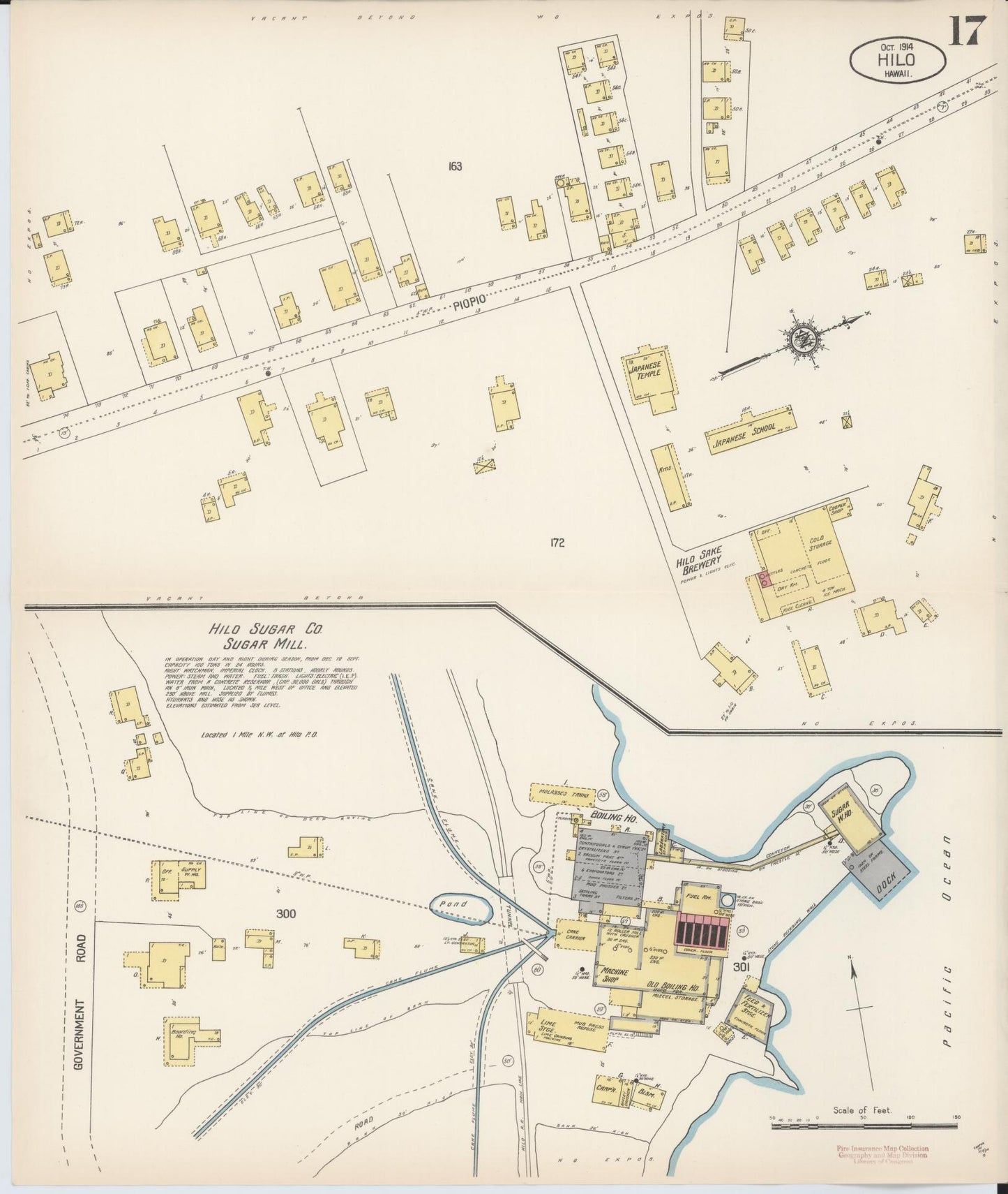 Sanborn Fire Insurance Map from Hilo, Hawaii County, Hawaii (1914), Sheet #0017 - Historic Sanborn Fire Insurance Map Print, vintage old map wall art