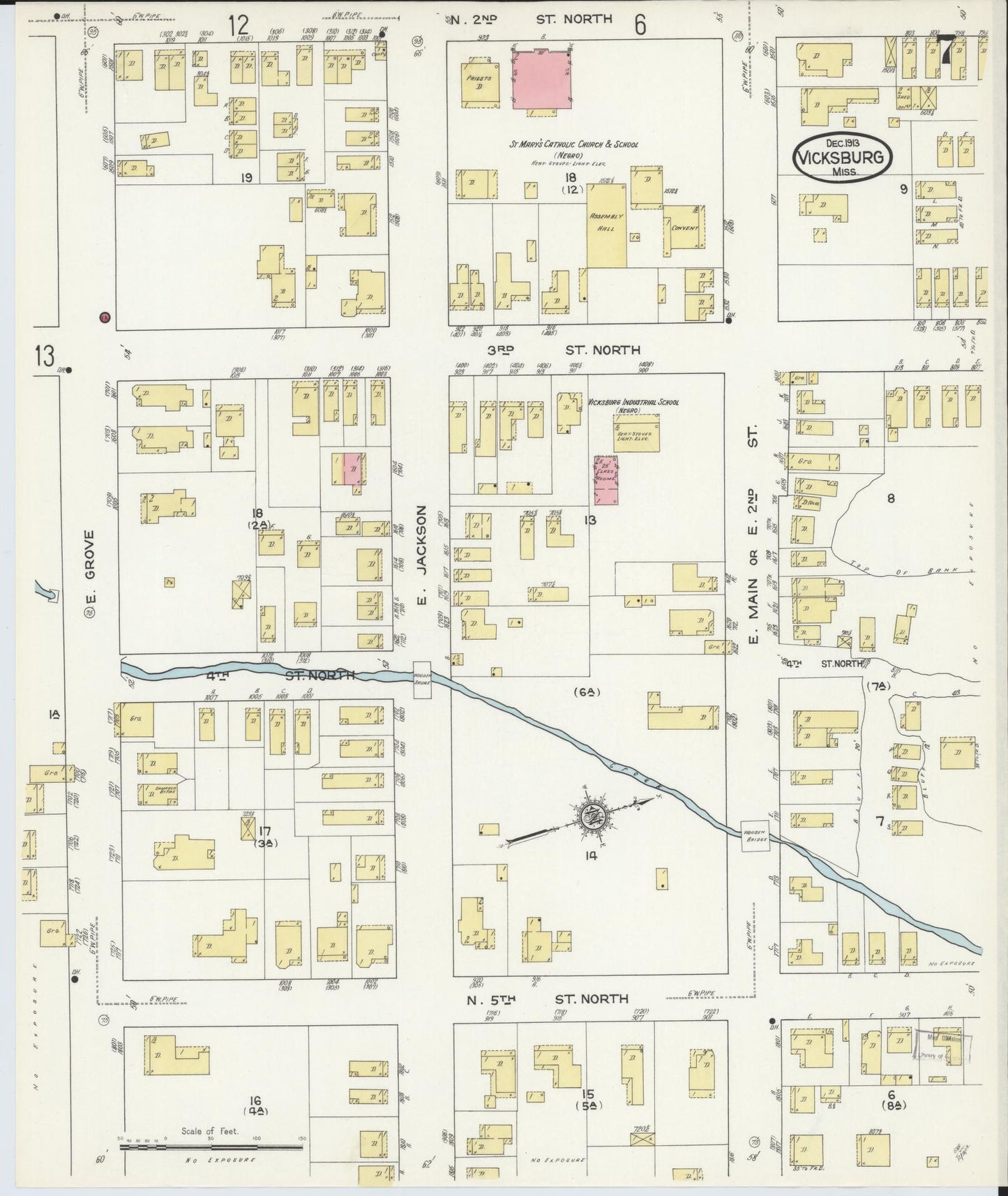 Sanborn Fire Insurance Map from Vicksburg, Warren County, Mississippi (1913), Sheet #0007 - Historic Sanborn Fire Insurance Map Print, vintage old map wall art, antique decor, genealogy gift, Mississippi Mississippi map