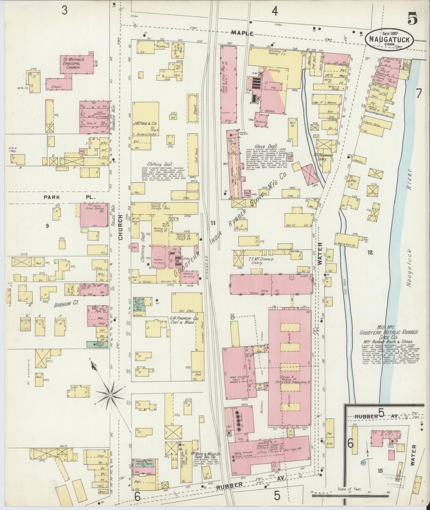 Sanborn Fire Insurance Map from Naugatuck, New Haven County, Connecticut (1897), Sheet #0005 - Historic Sanborn Fire Insurance Map Print, vintage old map wall art, antique decor, genealogy gift, Connecticut Connecticut map