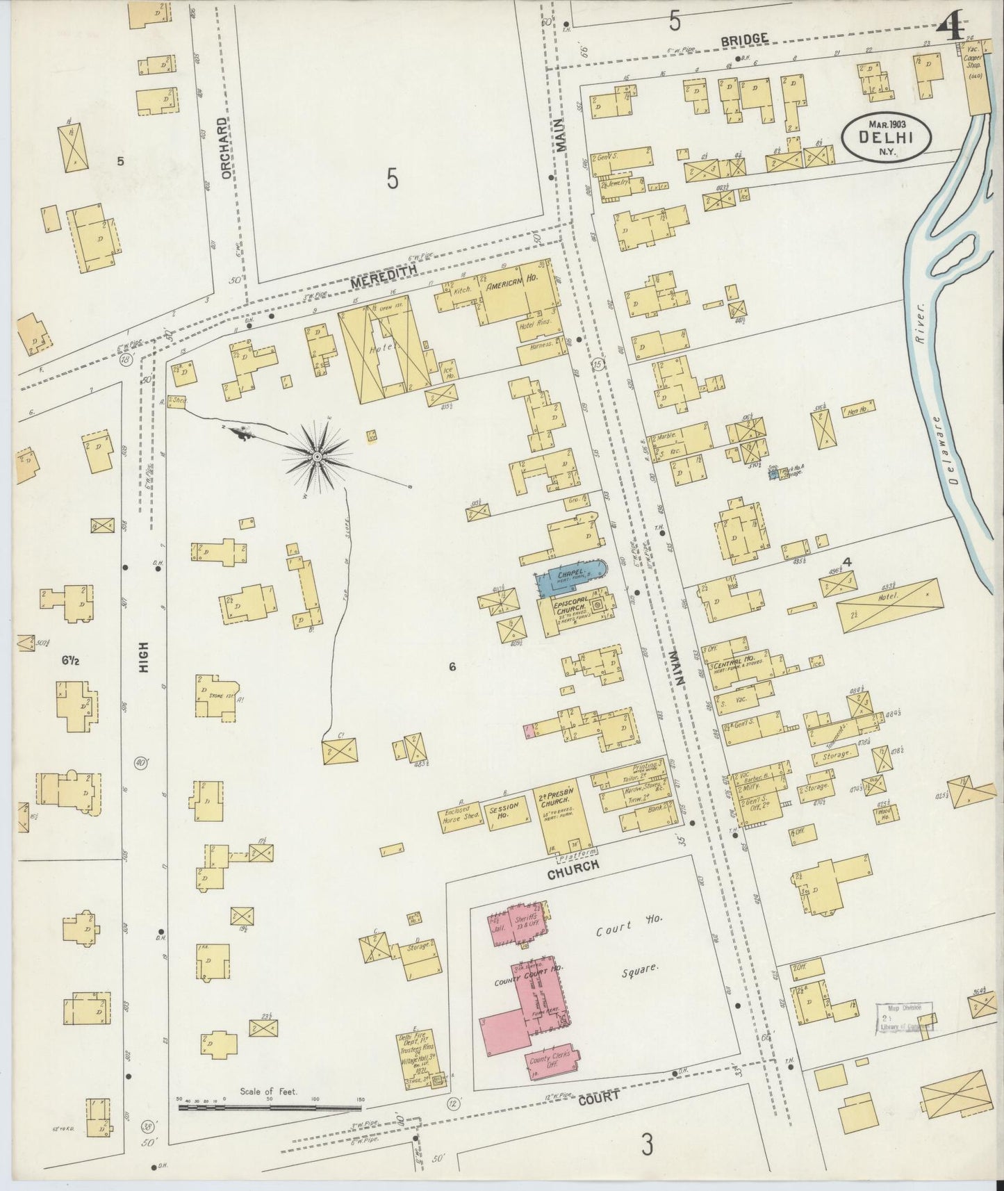 Sanborn Fire Insurance Map from Delhi, Delaware County, New York (1903), Sheet #0004 - Historic Sanborn Fire Insurance Map Print, vintage old map wall art, antique decor, genealogy gift, Delhi Delaware map
