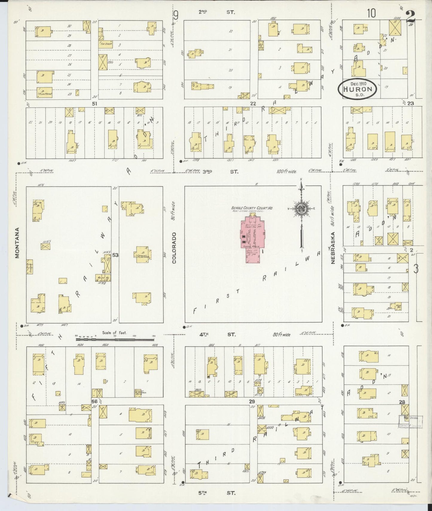 Sanborn Fire Insurance Map from Huron, Beadle County, South Dakota (1910), Sheet #0002 - Historic Sanborn Fire Insurance Map Print, vintage old map wall art, antique decor, genealogy gift, South Dakota South Dakota map