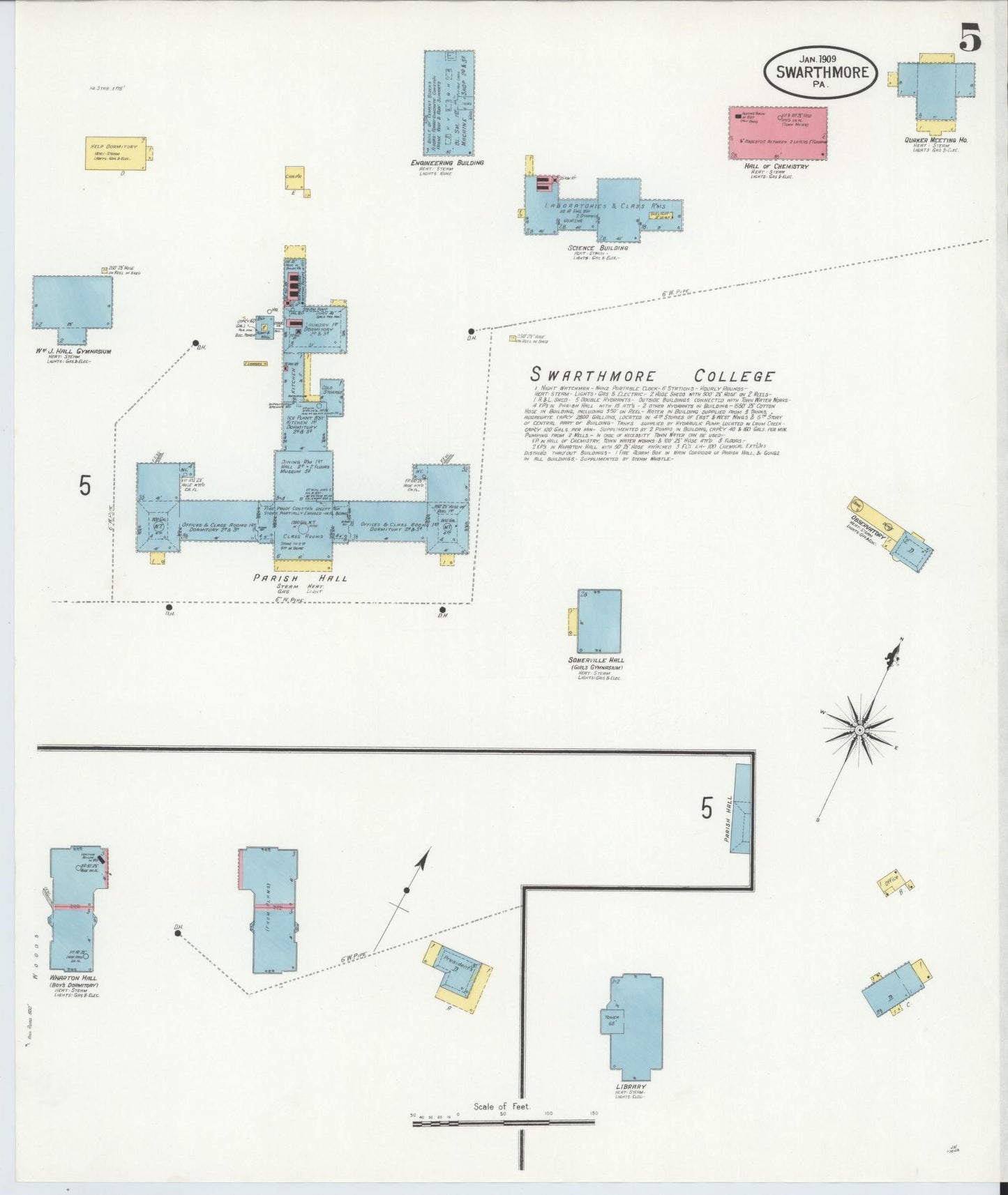 Sanborn Fire Insurance Map from Swarthmore, Delaware County, Pennsylvania (1909), Sheet #0005 - Historic Sanborn Fire Insurance Map Print, vintage old map wall art, antique decor, genealogy gift, Swarthmore Delaware map
