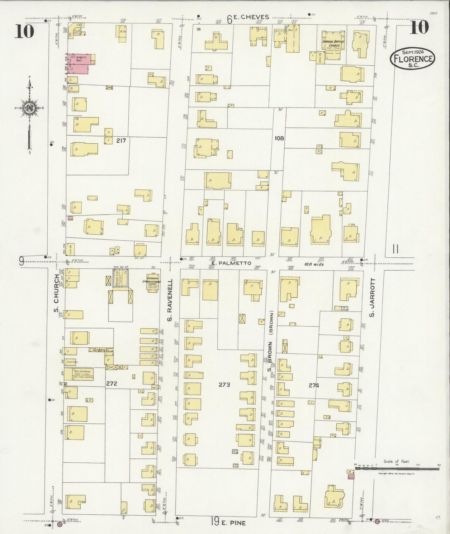 Sanborn Fire Insurance Map from Florence, Florence County, South Carolina (1924), Sheet #0010 - Historic Sanborn Fire Insurance Map Print, vintage old map wall art, antique decor, genealogy gift, South Carolina South Carolina map