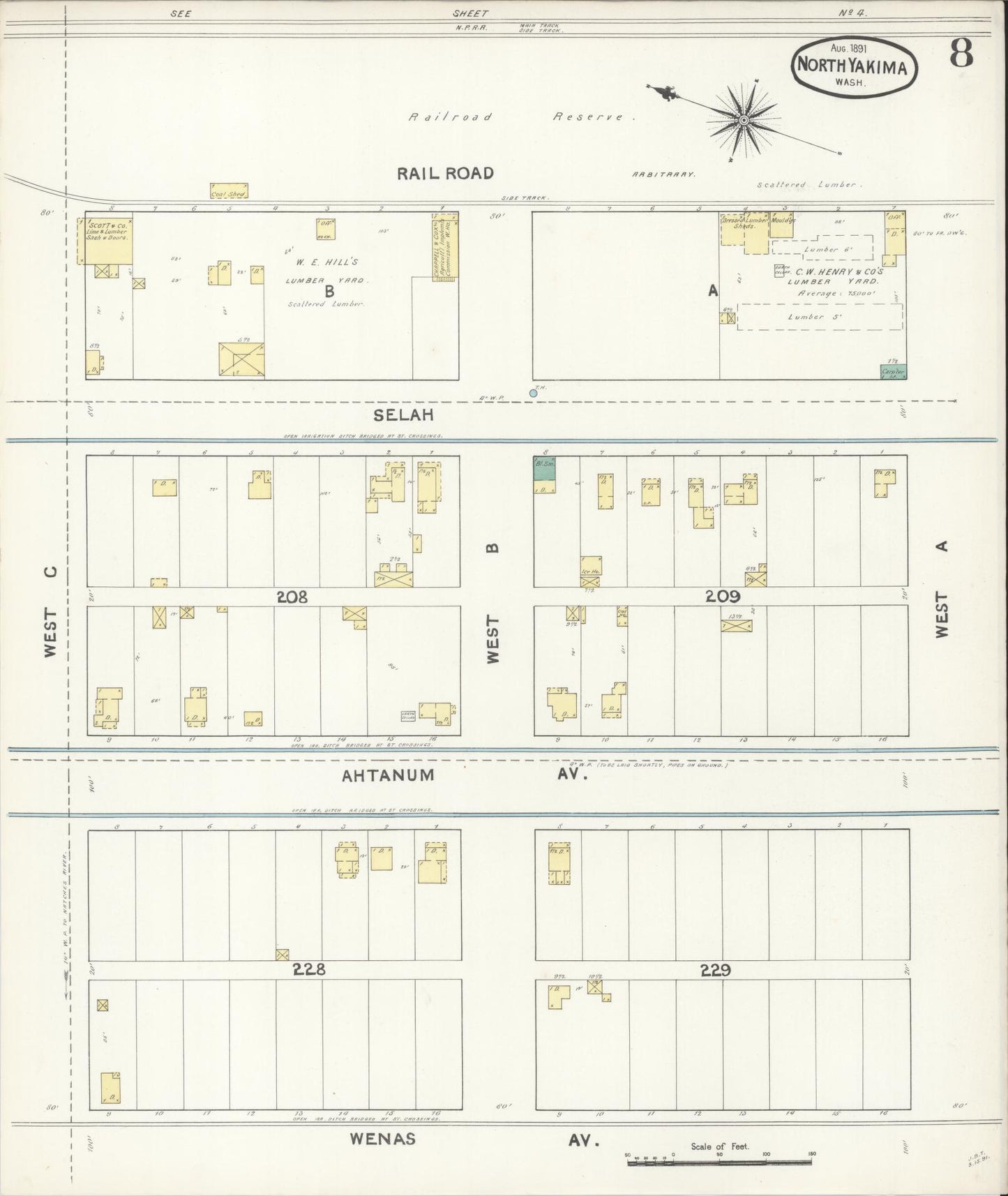 Sanborn Fire Insurance Map from North Yakima, Yakima County, Washington (1891), Sheet #0008 - Complete Map Set gallery image, historic Sanborn map, vintage wall art, Washington Washington