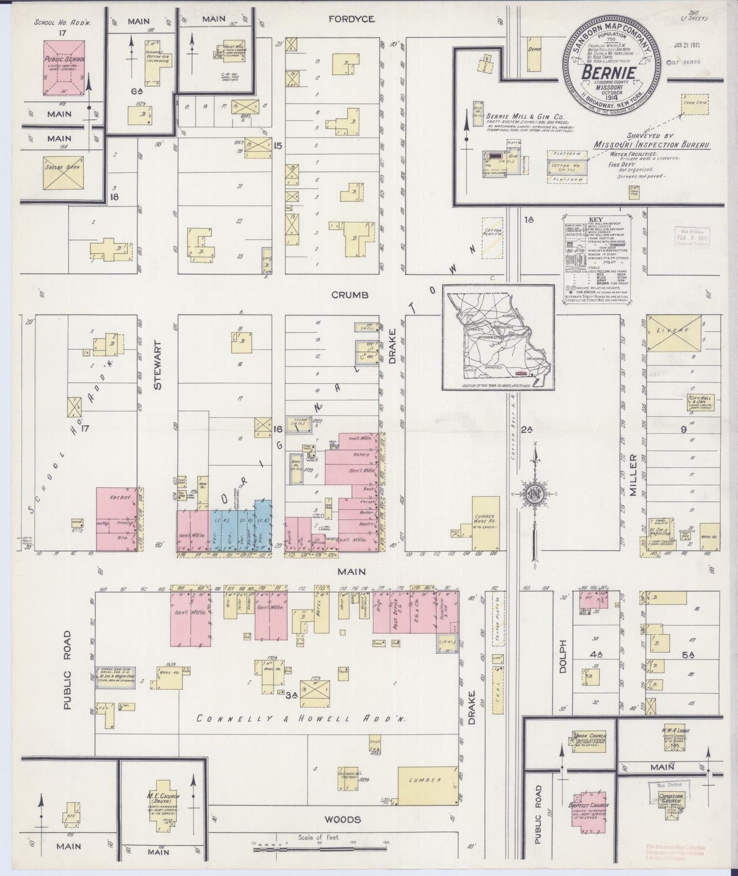 Sanborn Fire Insurance Map from Bernie, Stoddard County, Missouri (1914), Sheet #0001 - Historic Sanborn Fire Insurance Map Print, vintage old map wall art, antique decor, genealogy gift, Missouri Missouri map