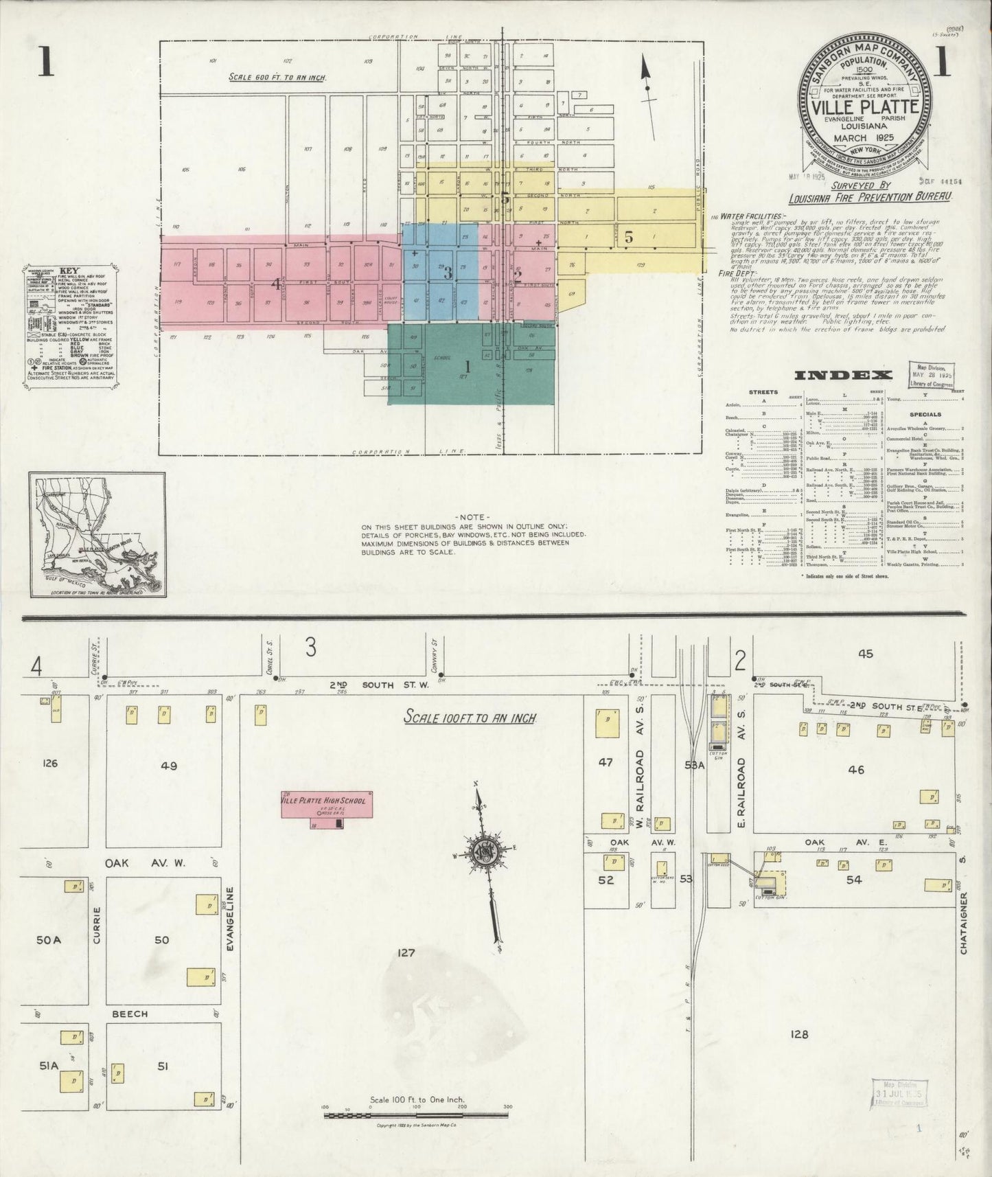 Sanborn Fire Insurance Map from Ville Platte, Evangeline Parish, Louisiana (1925), Sheet #0001 - Historic Sanborn Fire Insurance Map Print, vintage old map wall art, antique decor, genealogy gift, Louisiana Louisiana map