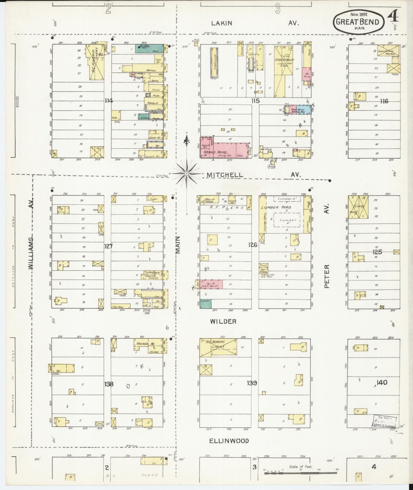 Sanborn Fire Insurance Map from Great Bend, Barton County, Kansas (1892), Sheet #0004 - Historic Sanborn Fire Insurance Map Print, vintage old map wall art, antique decor, genealogy gift, Kansas Kansas map