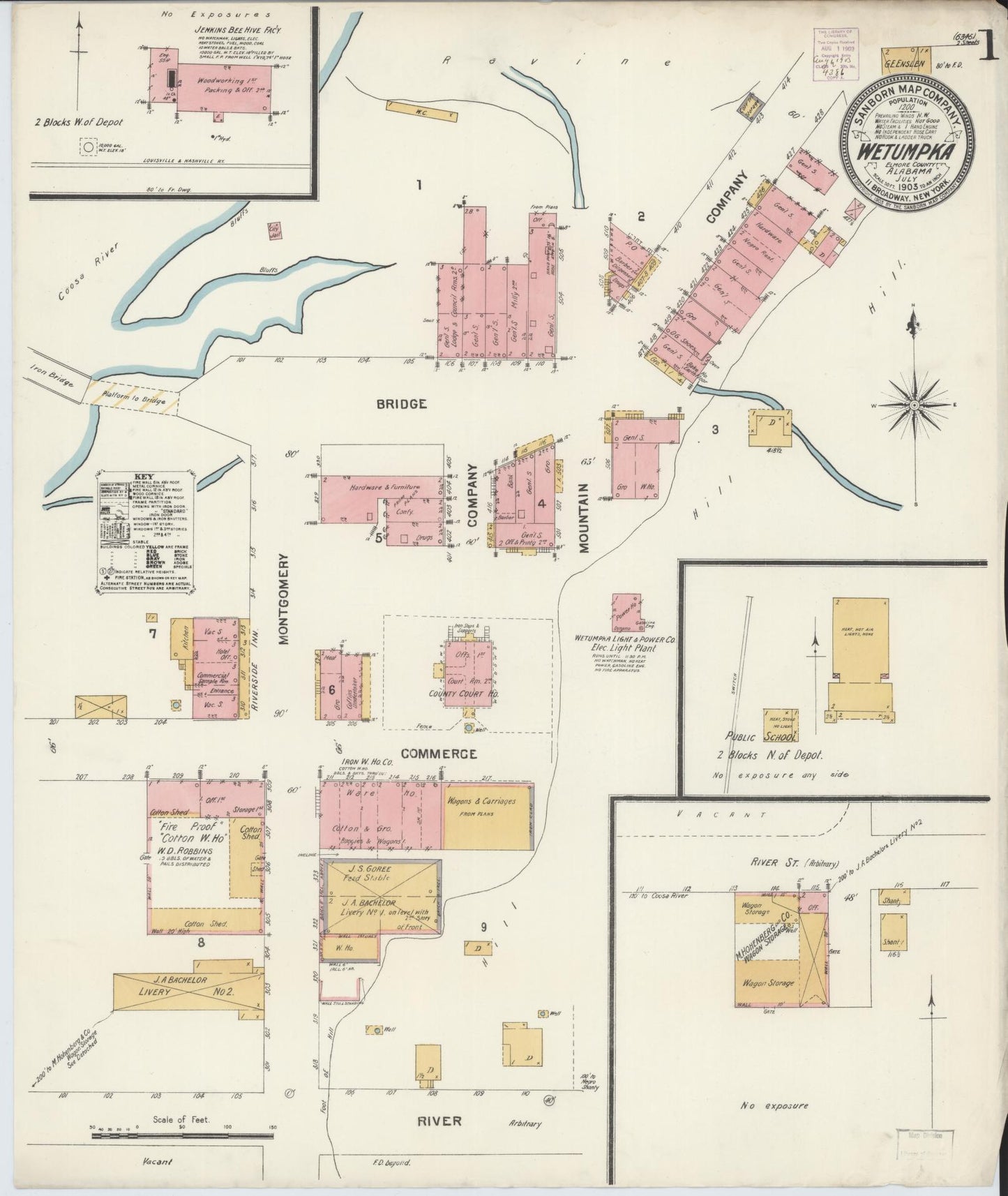 Sanborn Fire Insurance Map from Wetumpka, Elmore County, Alabama (1903), Sheet #0001 - Historic Sanborn Fire Insurance Map Print, vintage old map wall art, antique decor, genealogy gift, Alabama Alabama map