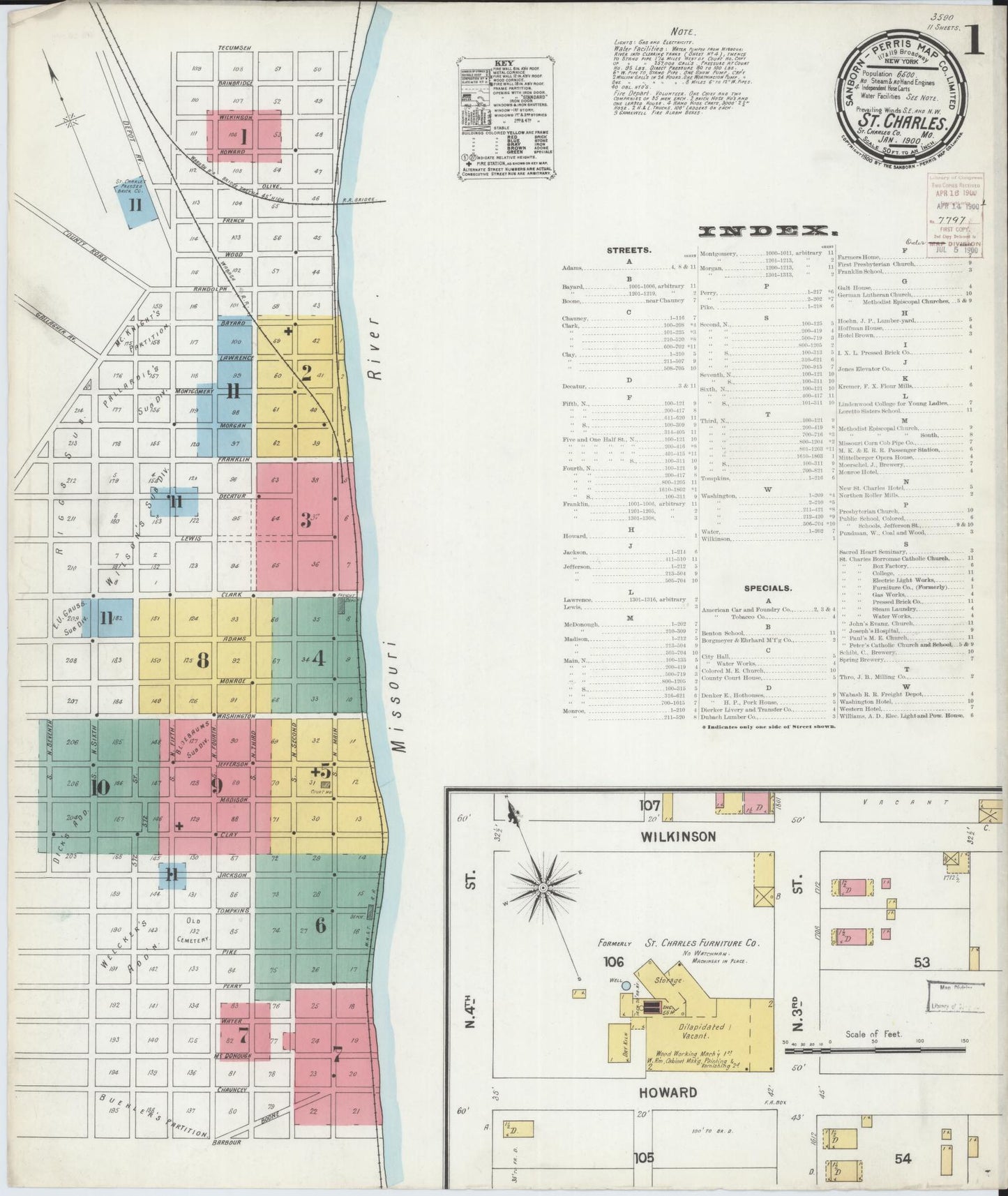 Sanborn Fire Insurance Map from Saint Charles, Saint Charles County, Missouri (1900), Sheet #0001 - Historic Sanborn Fire Insurance Map Print, vintage old map wall art, antique decor, genealogy gift, Missouri Missouri map