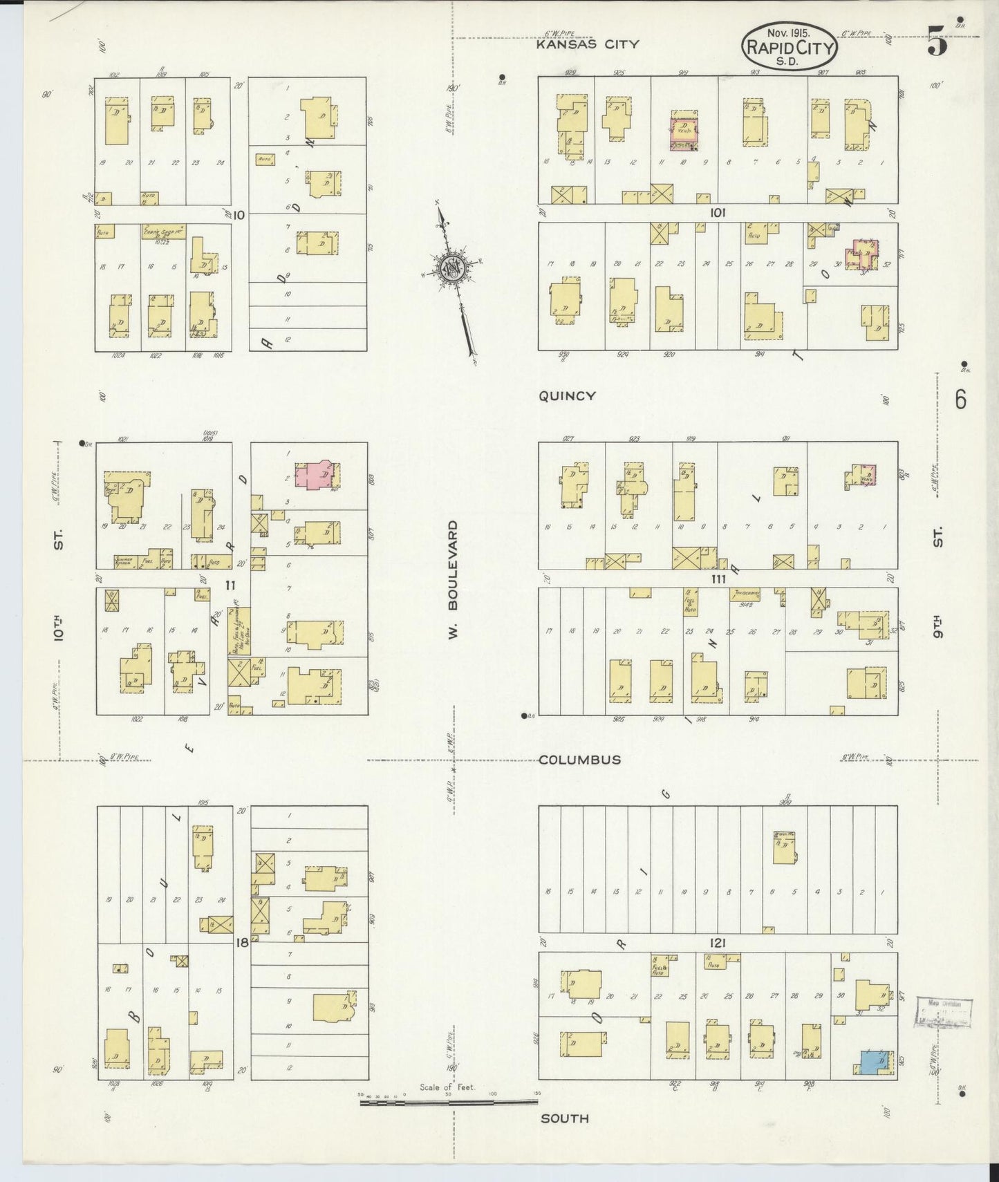 Sanborn Fire Insurance Map from Rapid City, Pennington County, South Dakota (1915), Sheet #0005 - Historic Sanborn Fire Insurance Map Print, vintage old map wall art, antique decor, genealogy gift, South Dakota South Dakota map