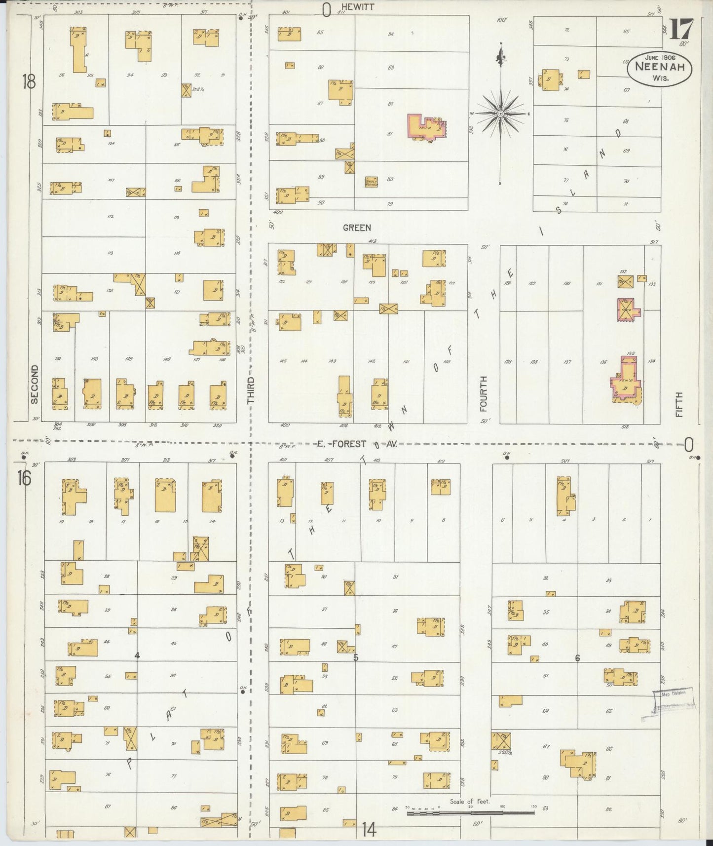 Sanborn Fire Insurance Map from Neenah, Winnebago County, Wisconsin (1906), Sheet #0017 - Historic Sanborn Fire Insurance Map Print, vintage old map wall art, antique decor, genealogy gift, Wisconsin Wisconsin map