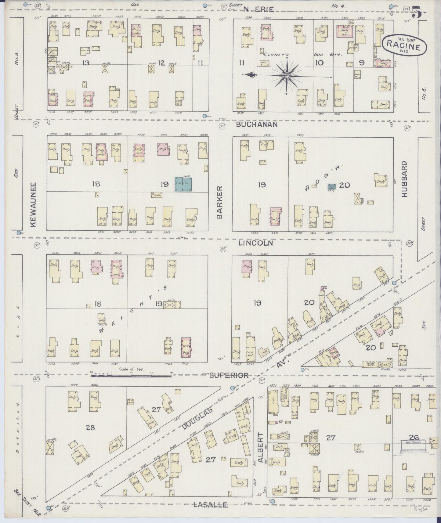 Sanborn Fire Insurance Map from Racine, Racine County, Wisconsin (1887), Sheet #0005 - Historic Sanborn Fire Insurance Map Print, vintage old map wall art, antique decor, genealogy gift, Wisconsin Wisconsin map