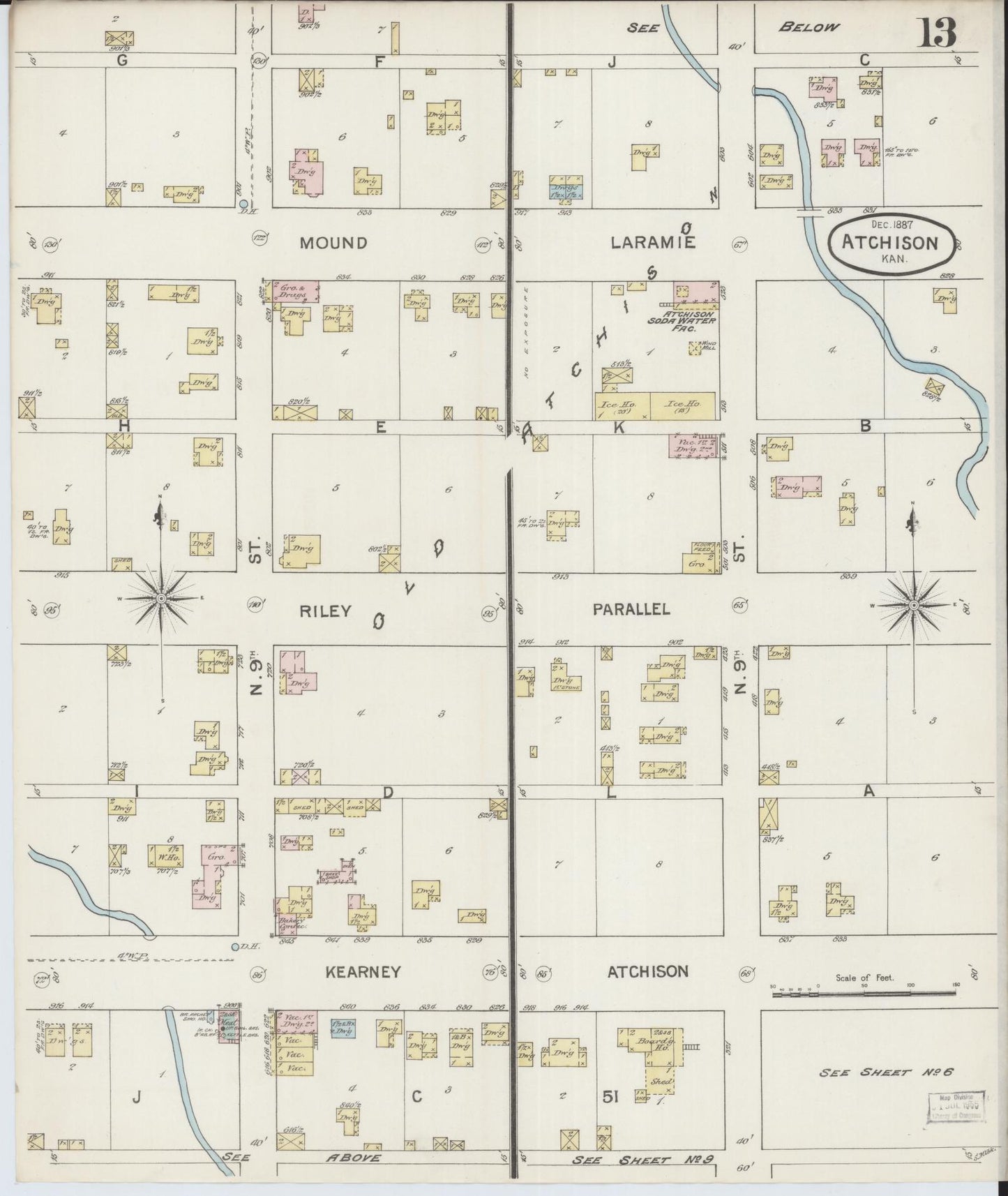 Sanborn Fire Insurance Map from Atchison, Atchison County, Kansas (1887), Sheet #0013 - Historic Sanborn Fire Insurance Map Print, vintage old map wall art, antique decor, genealogy gift, Kansas Kansas map