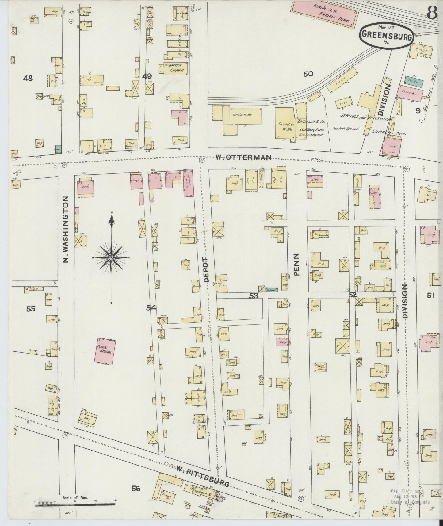 Sanborn Fire Insurance Map from Greensburg, Westmoreland County, Pennsylvania (1891), Sheet #0008 - Historic Sanborn Fire Insurance Map Print, vintage old map wall art, antique decor, genealogy gift, Pennsylvania Pennsylvania map