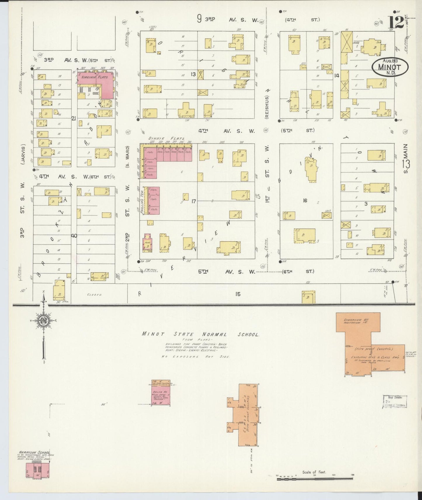 Sanborn Fire Insurance Map from Minot, Ward County, North Dakota (1913), Sheet #0012 - Historic Sanborn Fire Insurance Map Print, vintage old map wall art, antique decor, genealogy gift, North Dakota North Dakota map