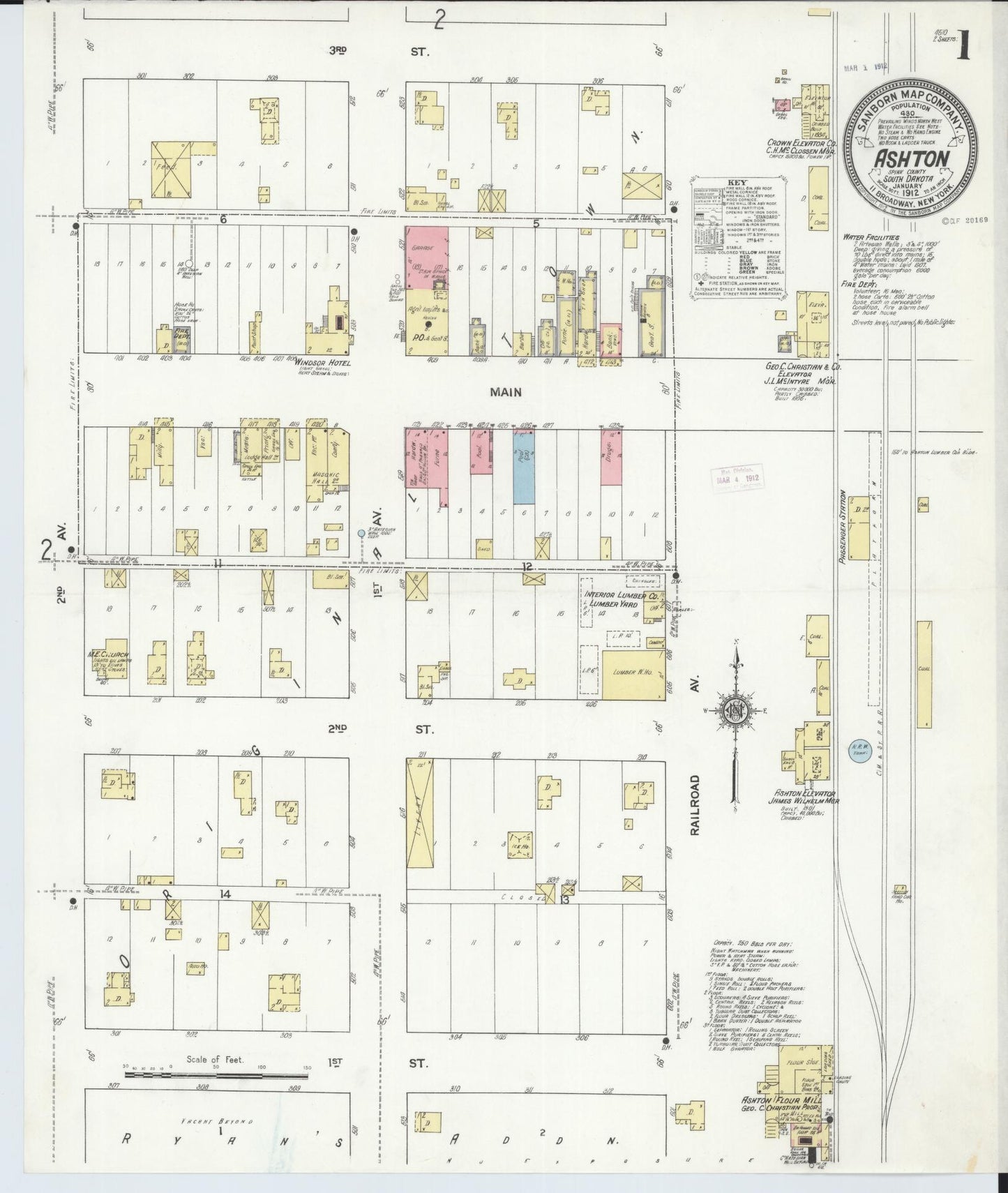 Sanborn Fire Insurance Map from Ashton, Spink County, South Dakota (1912), Sheet #0001 - Historic Sanborn Fire Insurance Map Print, vintage old map wall art, antique decor, genealogy gift, South Dakota South Dakota map