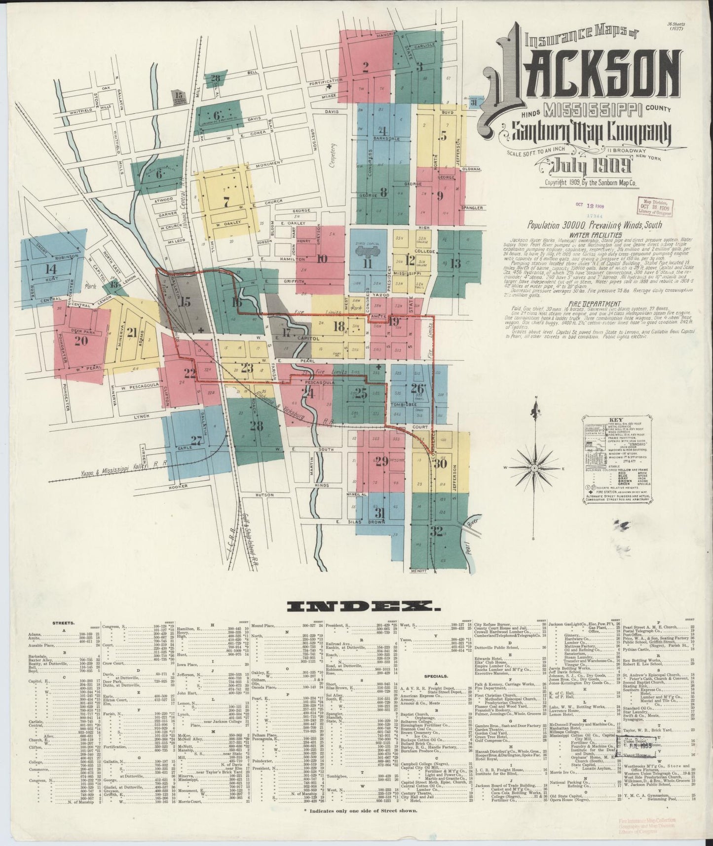 Sanborn Fire Insurance Map from Jackson, Hinds County, Mississippi (1909), Sheet #0001 - Historic Sanborn Fire Insurance Map Print, vintage old map wall art, antique decor, genealogy gift, Mississippi Mississippi map