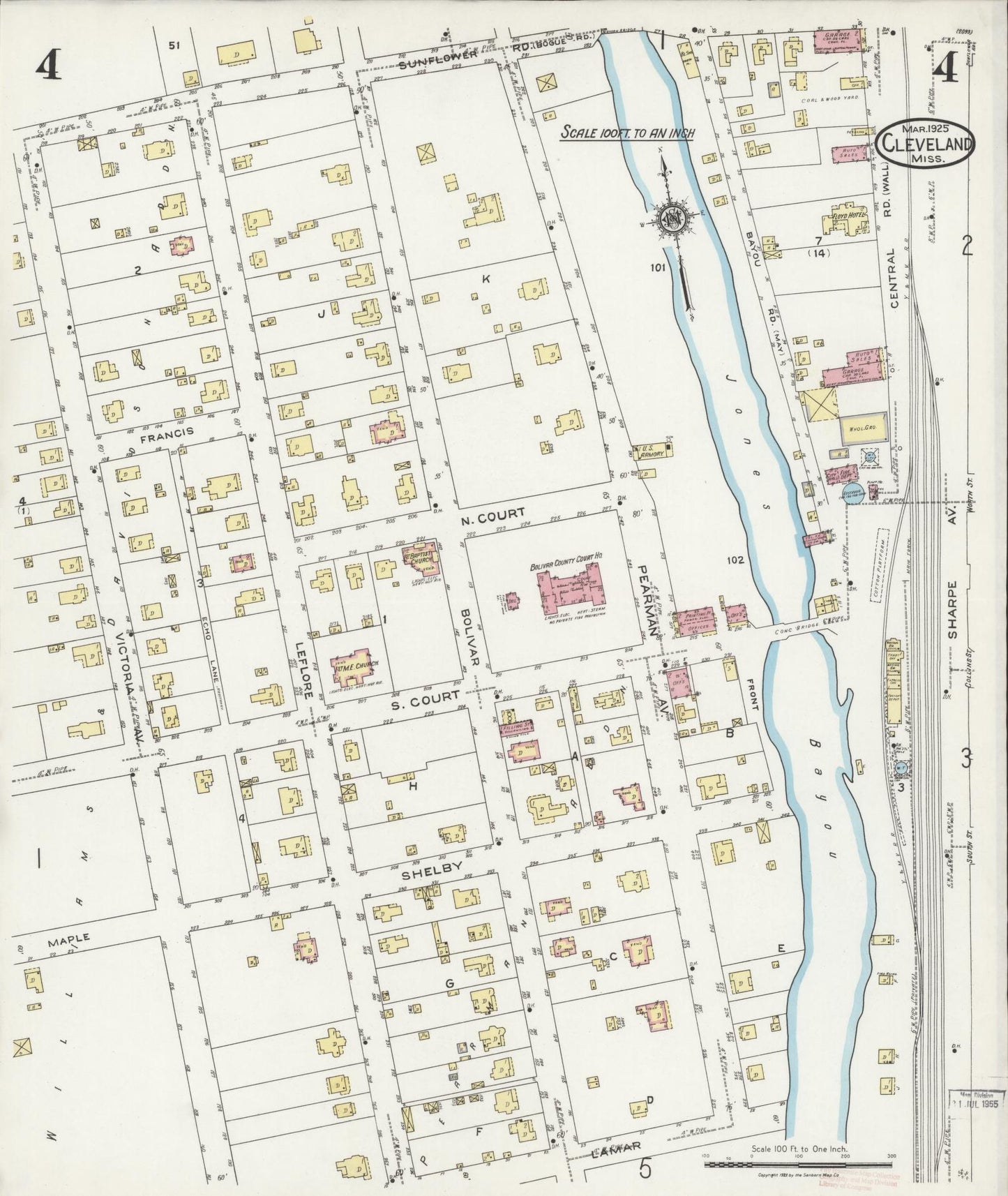 Sanborn Fire Insurance Map from Cleveland, Bolivar County, Mississippi (1925), Sheet #0004 - Historic Sanborn Fire Insurance Map Print, vintage old map wall art, antique decor, genealogy gift, Mississippi Mississippi map