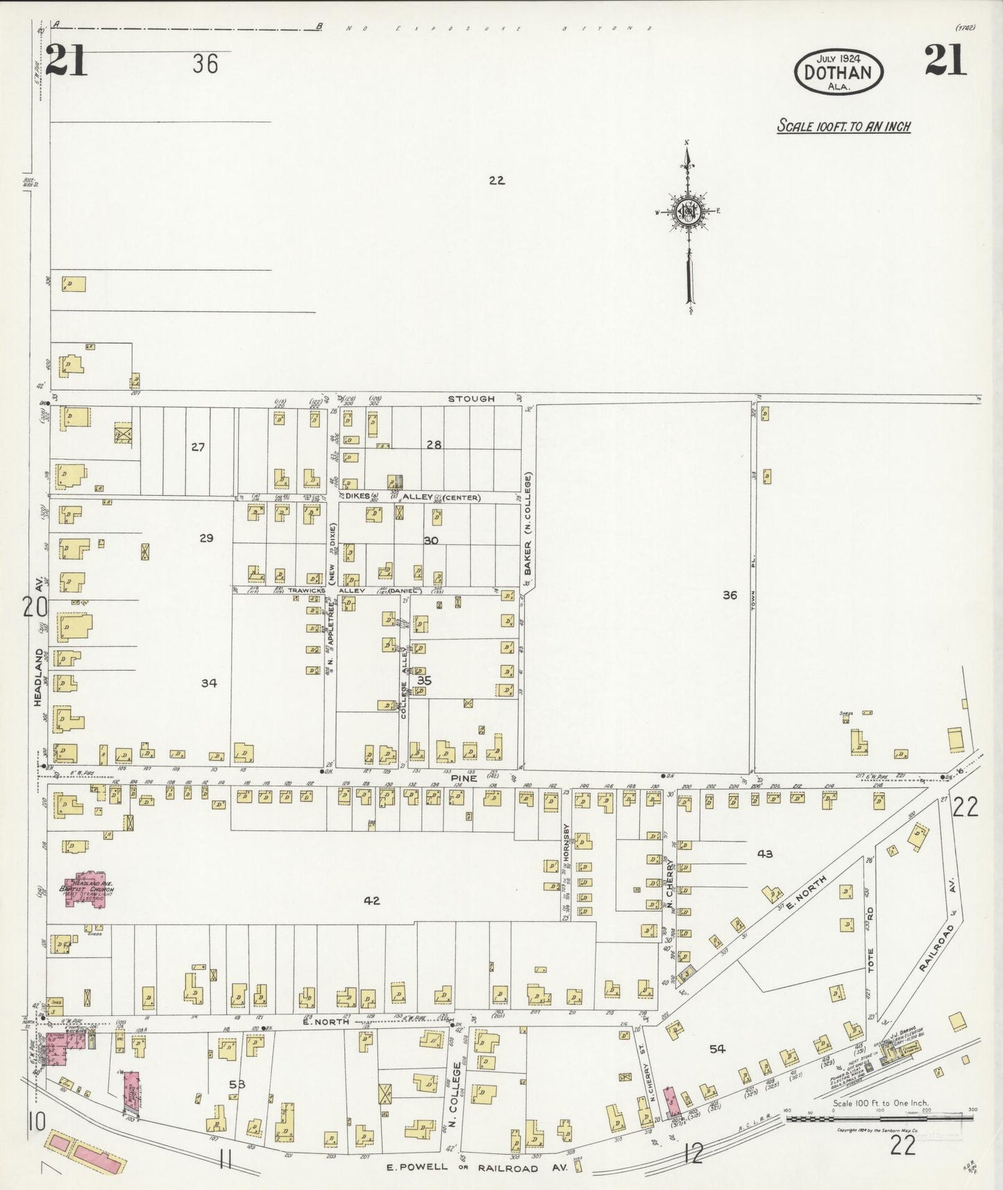 Sanborn Fire Insurance Map from Dothan, Houston County, Alabama (1924), Sheet #0021 - Historic Sanborn Fire Insurance Map Print, vintage old map wall art, antique decor, genealogy gift, Alabama Alabama map