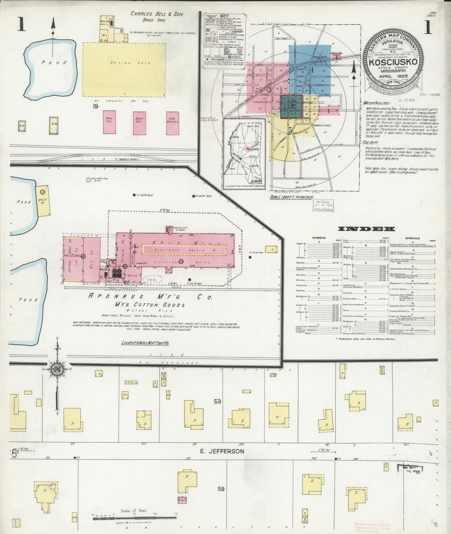 Sanborn Fire Insurance Map from Kosciusko, Attala County, Mississippi (1925), Sheet #0001 - Historic Sanborn Fire Insurance Map Print, vintage old map wall art, antique decor, genealogy gift, Mississippi Mississippi map