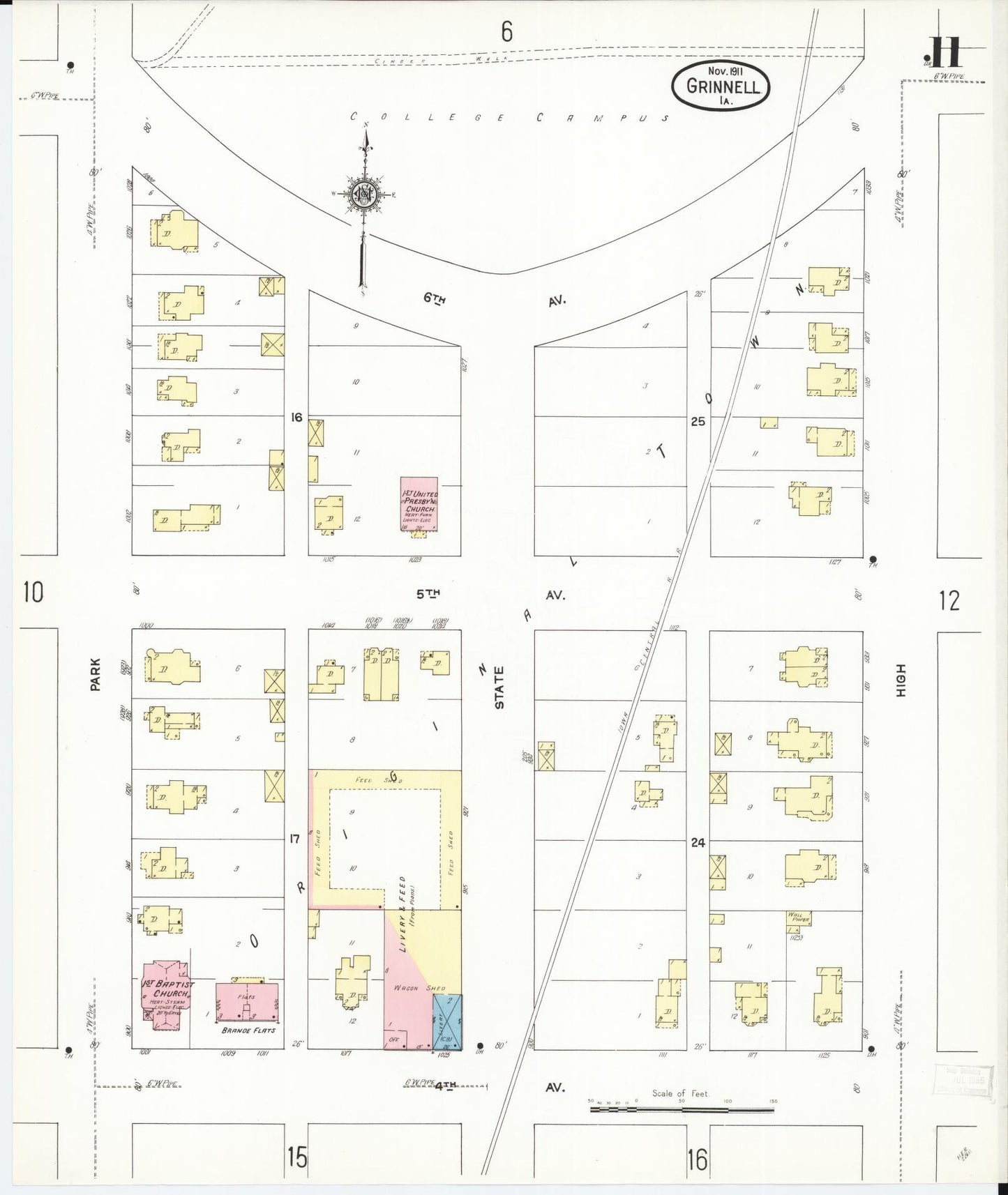 Sanborn Fire Insurance Map from Grinnell, Poweshiek County, Iowa (1911), Sheet #0011 - Historic Sanborn Fire Insurance Map Print, vintage old map wall art
