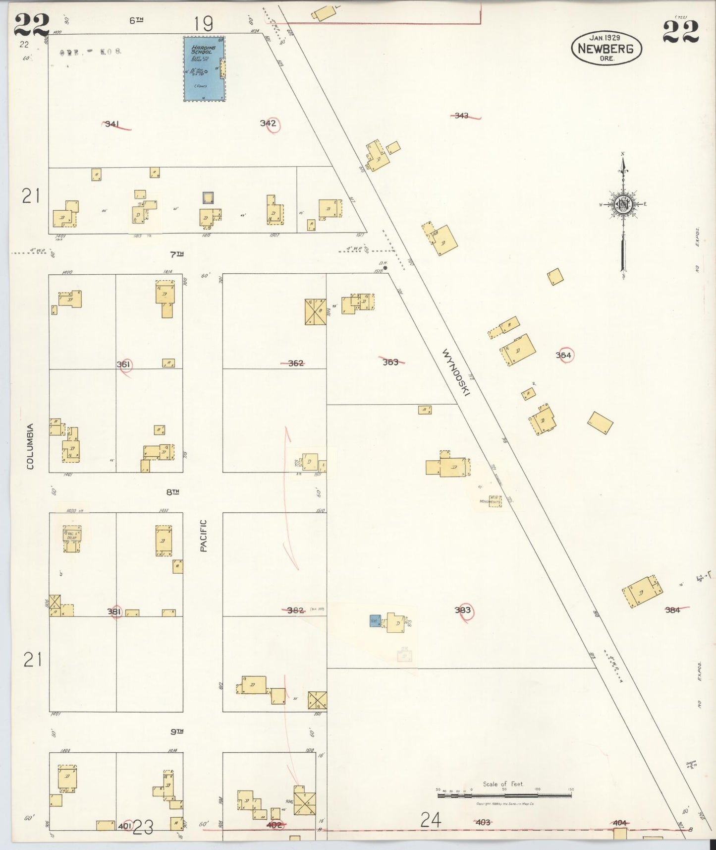 Sanborn Fire Insurance Map from Newberg, Yamhill County, Oregon (1934), Sheet #0022 - Historic Sanborn Fire Insurance Map Print, vintage old map wall art, antique decor, genealogy gift, Oregon Oregon map
