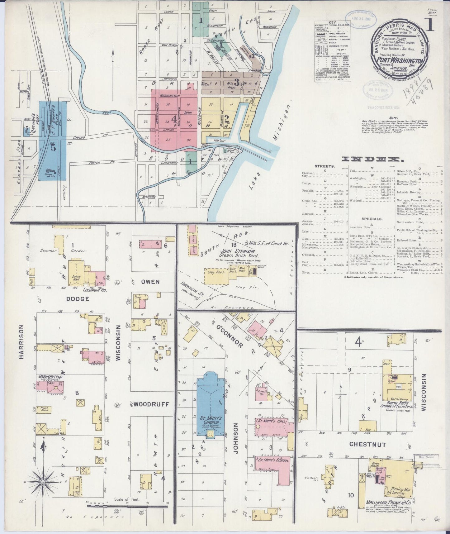 Sanborn Fire Insurance Map from Port Washington, Ozaukee County, Wisconsin (1898), Sheet #0001 - Historic Sanborn Fire Insurance Map Print, vintage old map wall art, antique decor, genealogy gift, Wisconsin Wisconsin map