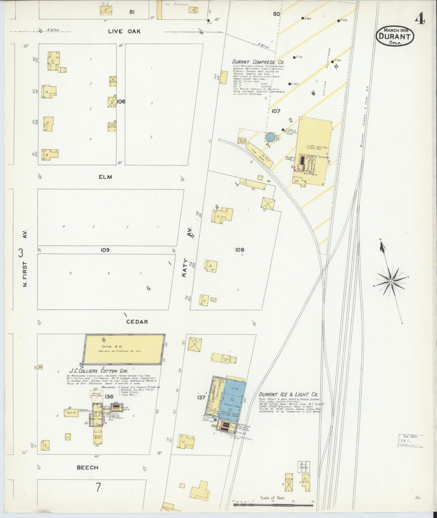 Sanborn Fire Insurance Map from Durant, Bryan County, Oklahoma (1908), Sheet #0004 - Historic Sanborn Fire Insurance Map Print, vintage old map wall art, antique decor, genealogy gift, Oklahoma Oklahoma map